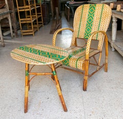 Mid-20th Century Spanish Bamboo, Wood & Woven Wicker 2-Tone Chair & Table Set