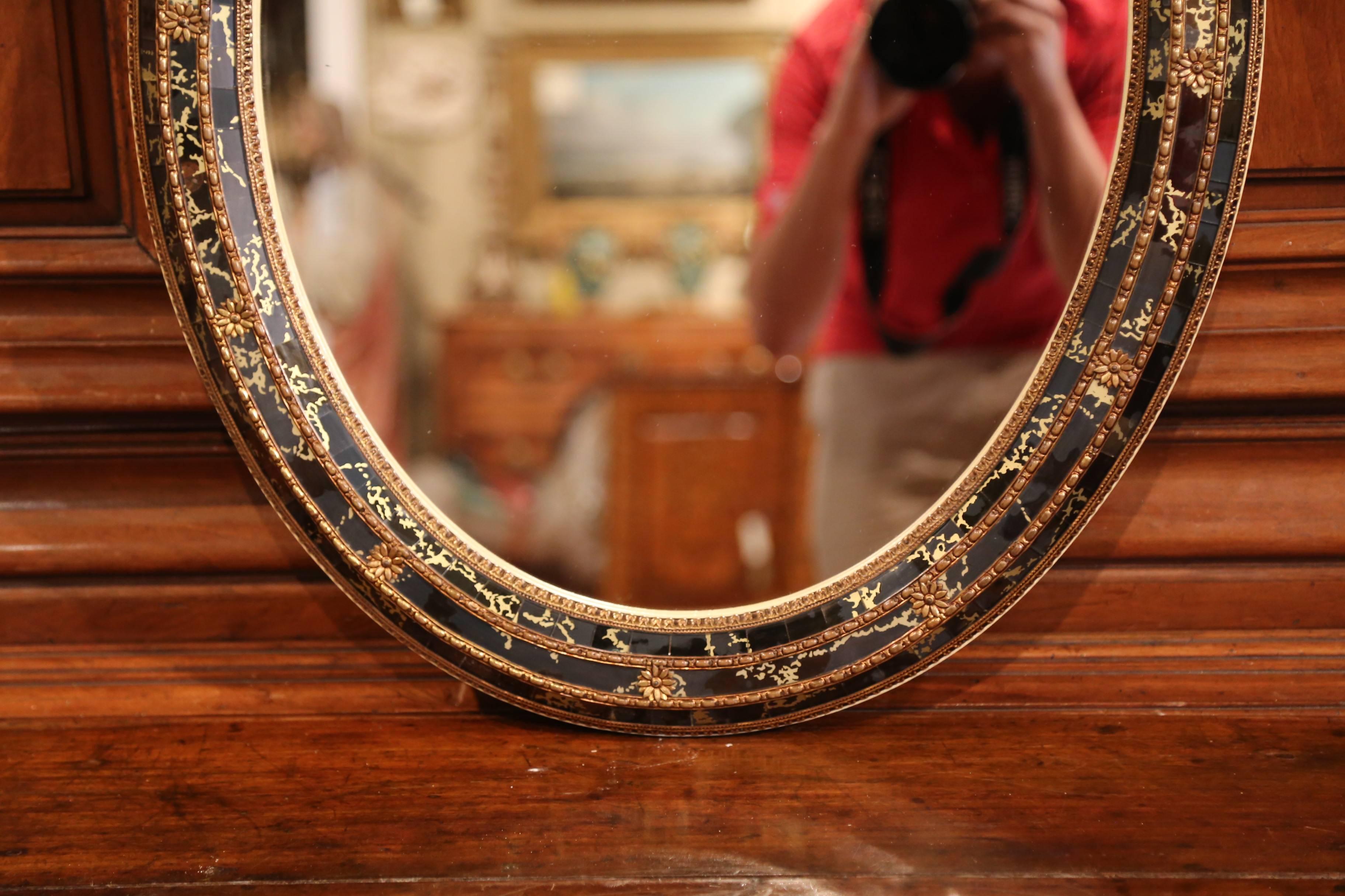 Mid-20th Century Spanish Black and Gilt Oval Mirror with 
