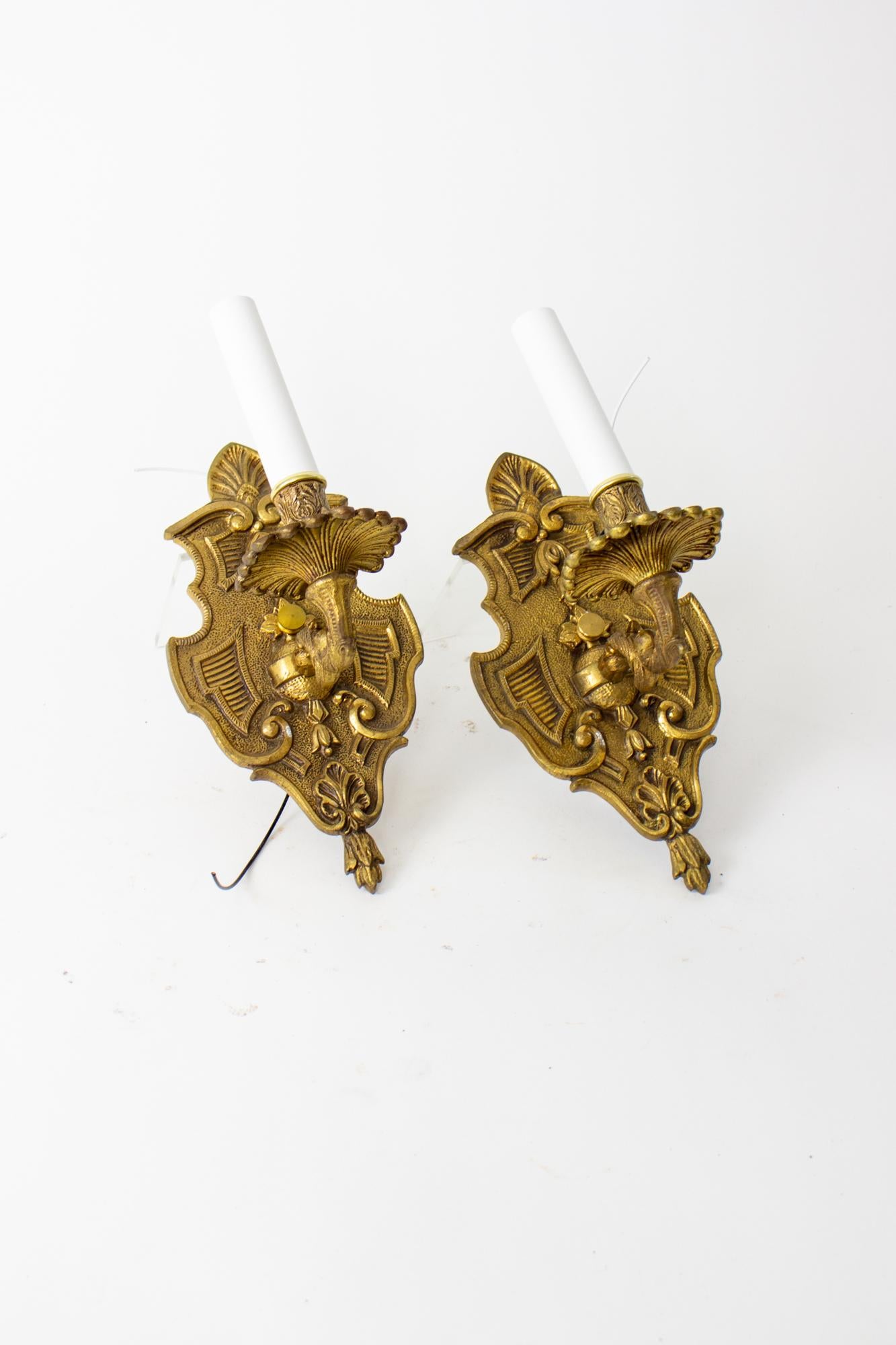 Hollywood Regency Mid 20th Century Spanish Cast Brass Sconces - a Pair For Sale