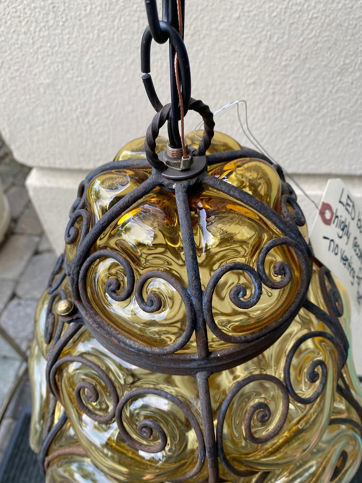 Mid-20th Century Spanish Hand Blown Bubble Glass 3 Light Lantern For Sale 1