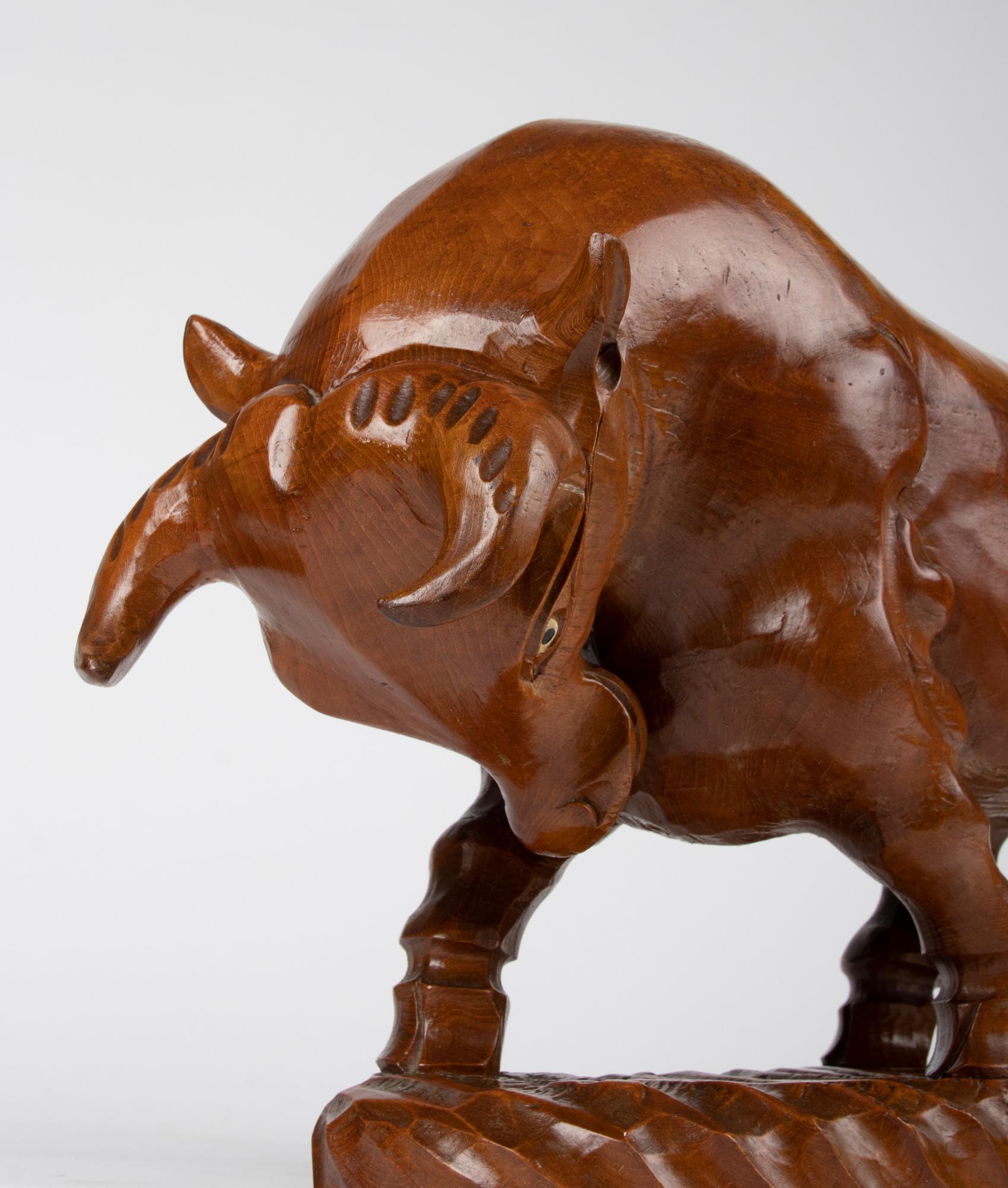 Mid 20th Century Spanish Modern Wooden Sculpture of a Bull For Sale 5