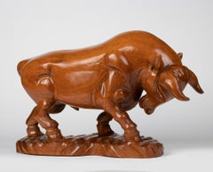 Mid 20th Century Spanish Modern Wooden Sculpture of a Bull
