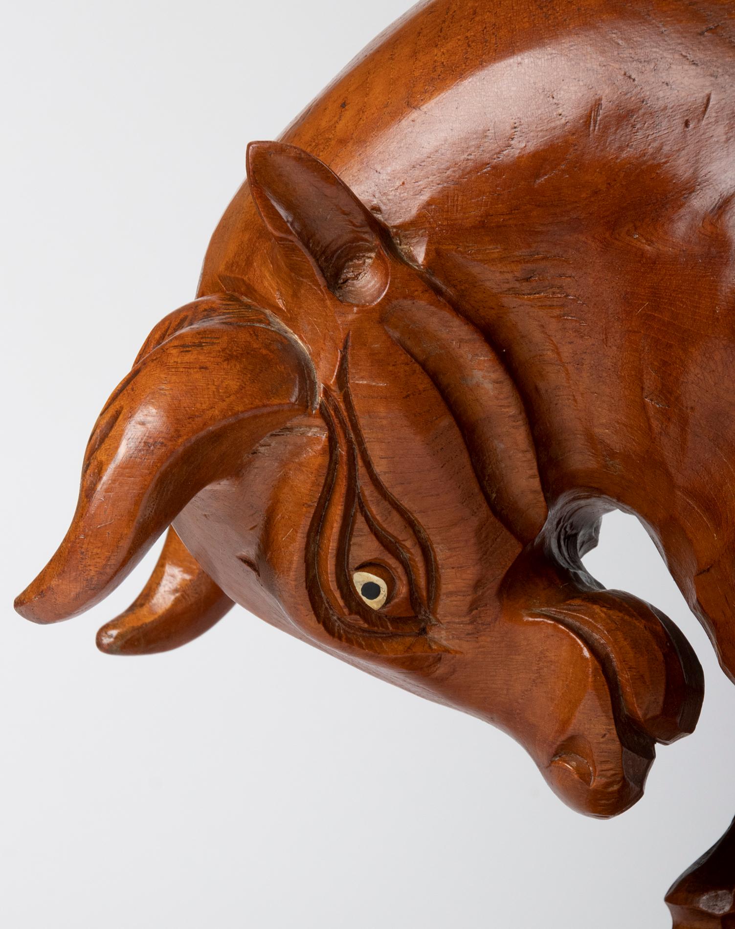 Hand-Carved Mid 20th Century Spanish Modern Wooden Sculpture of a Bull For Sale