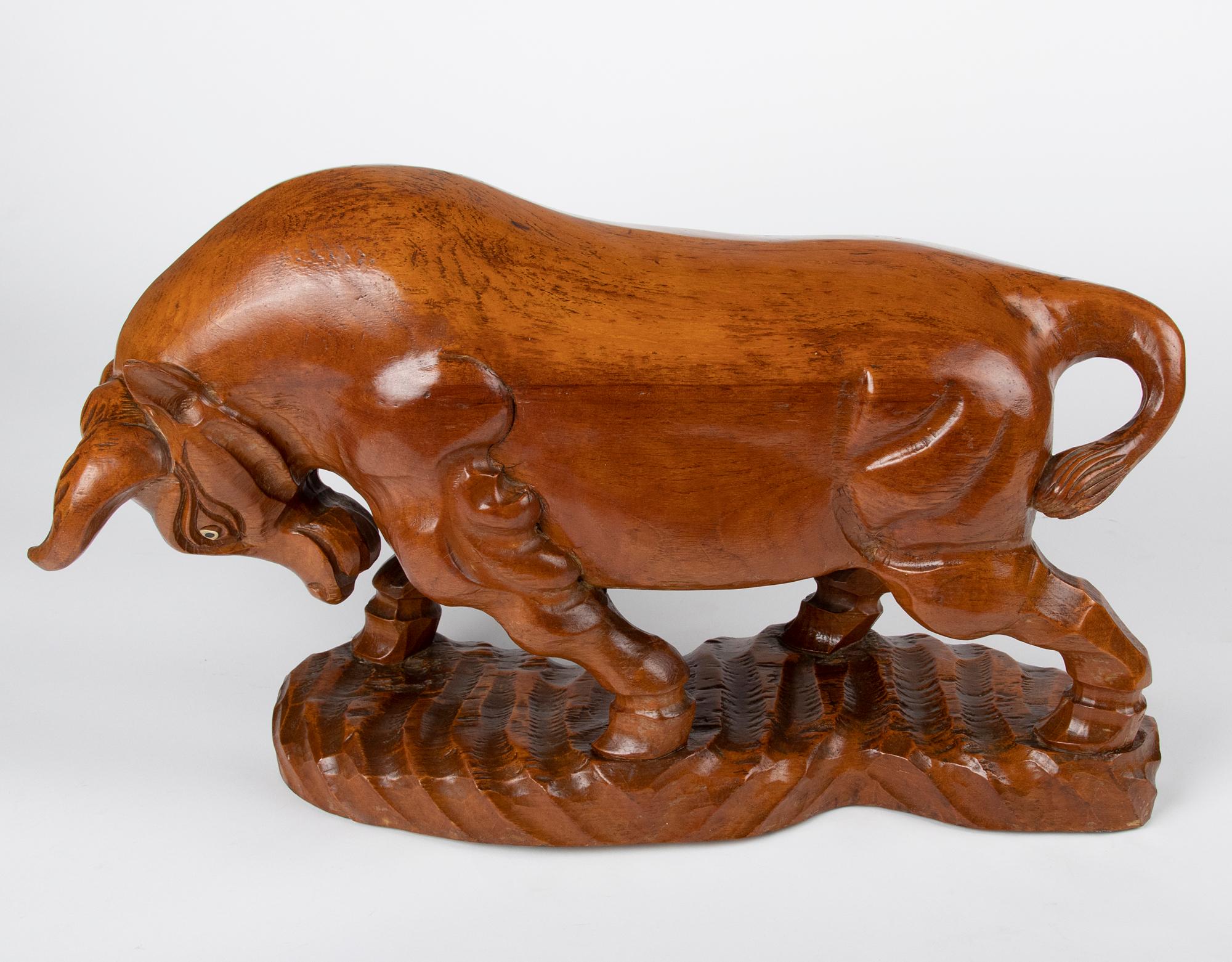 Mid-20th Century Mid 20th Century Spanish Modern Wooden Sculpture of a Bull For Sale