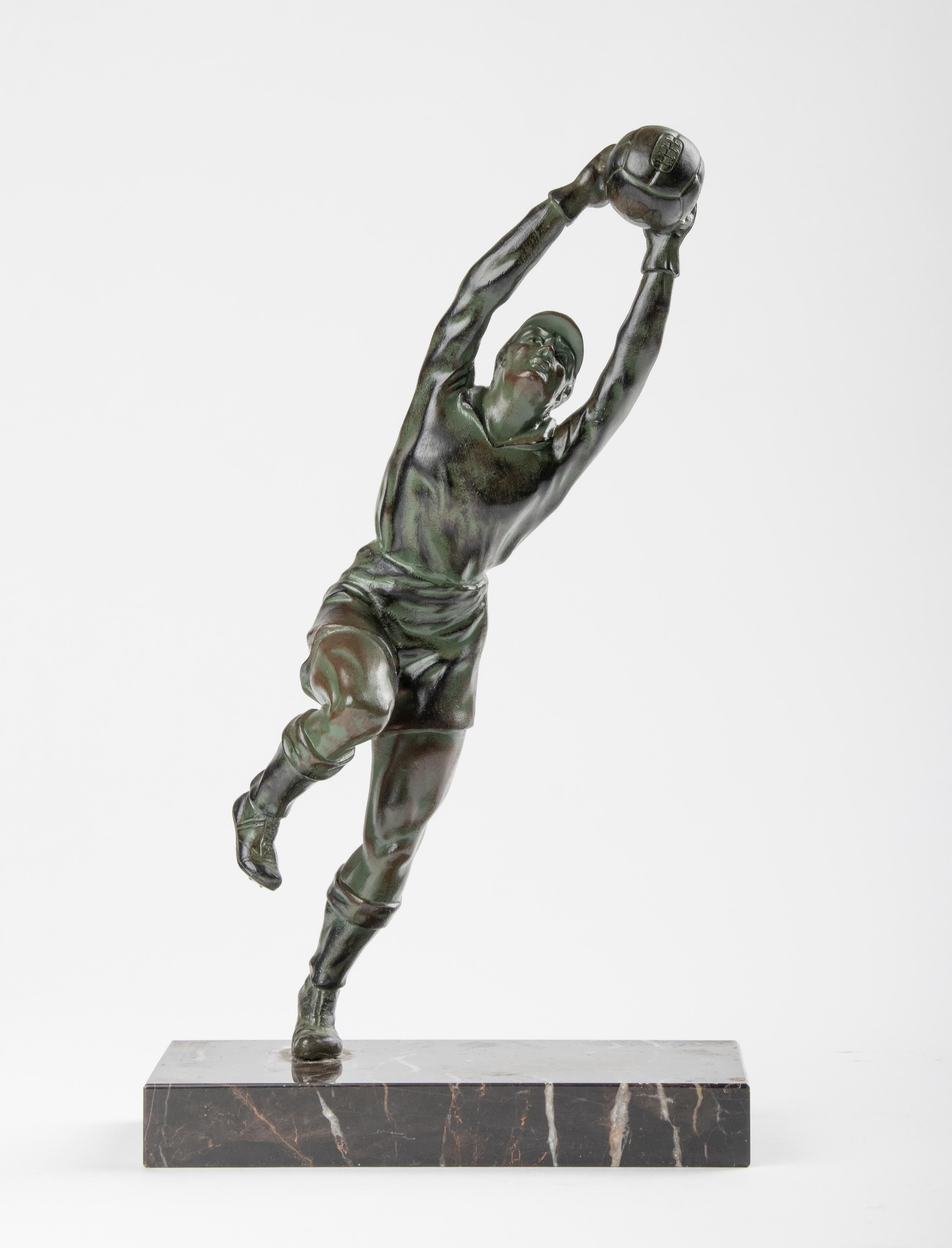 Art Deco Mid 20th Century Spelter Statue Goal Keeper For Sale