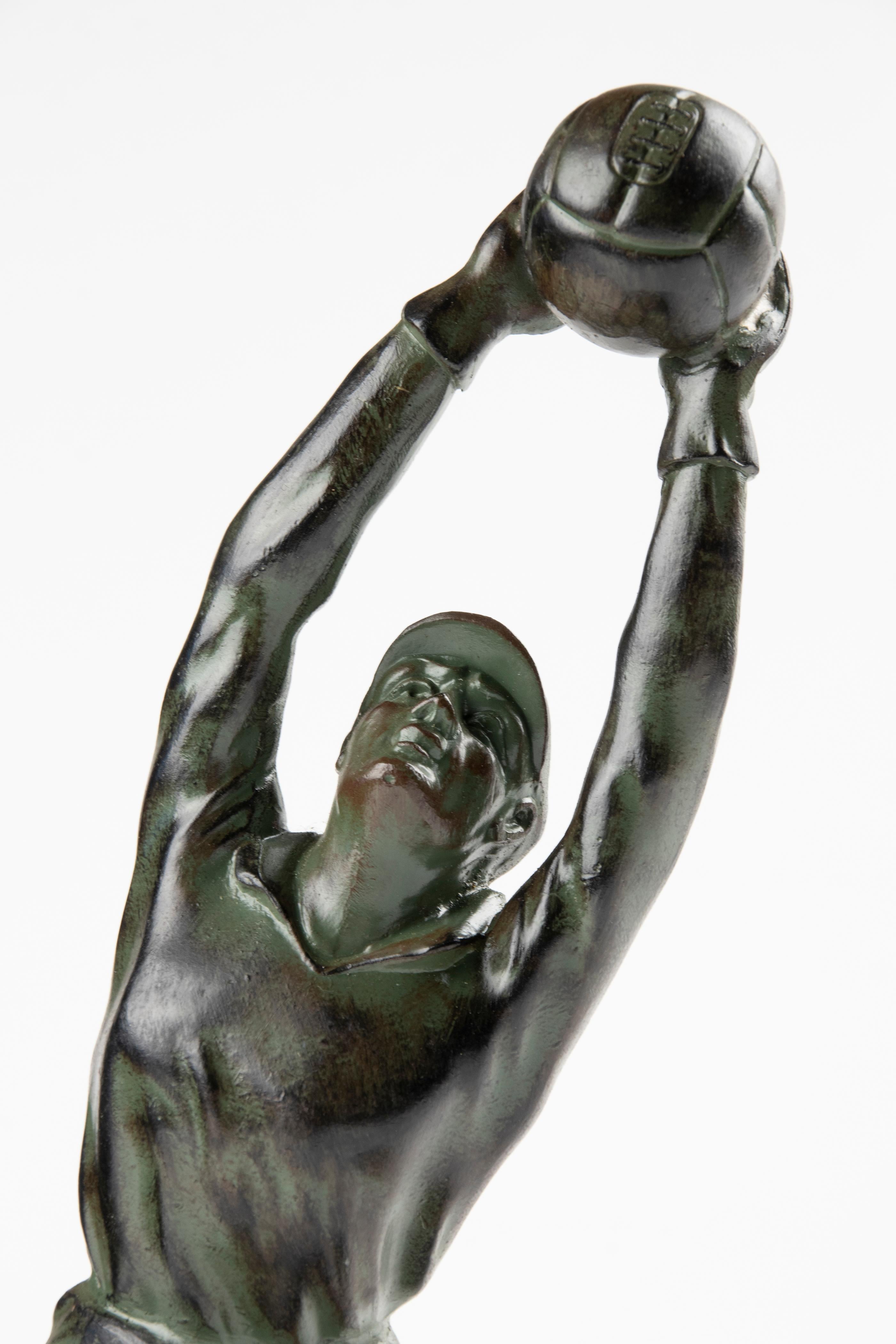 Patinated Mid 20th Century Spelter Statue Goal Keeper For Sale