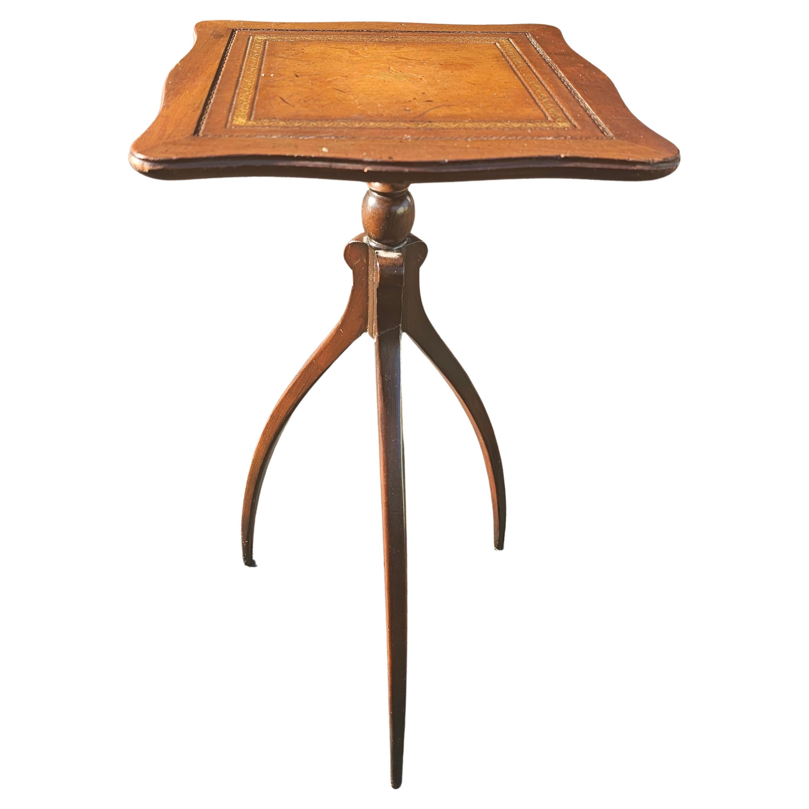 American Mid 20th Century Spider Tripod Mahogany and Tooled Leather Top Candle Stand For Sale
