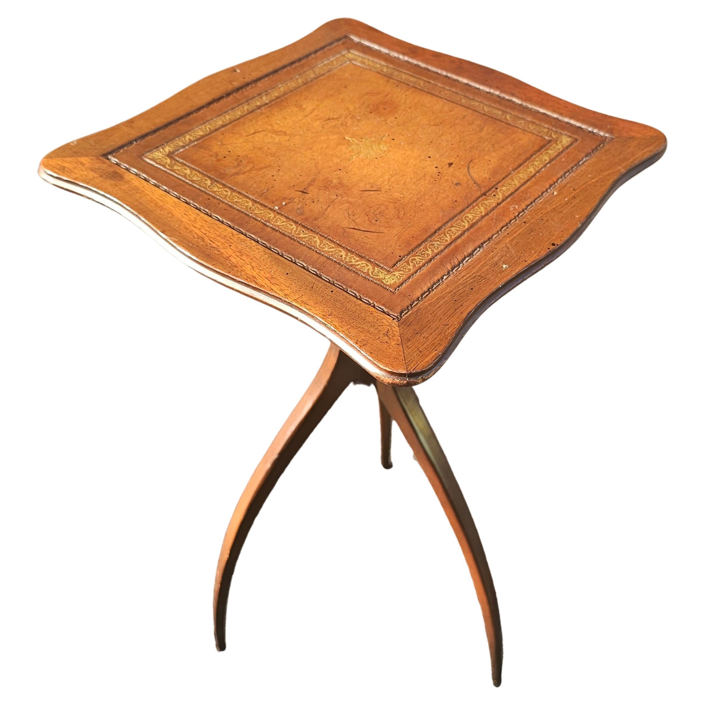 Mid 20th Century Spider Tripod Mahogany and Tooled Leather Top Candle Stand In Good Condition For Sale In Germantown, MD