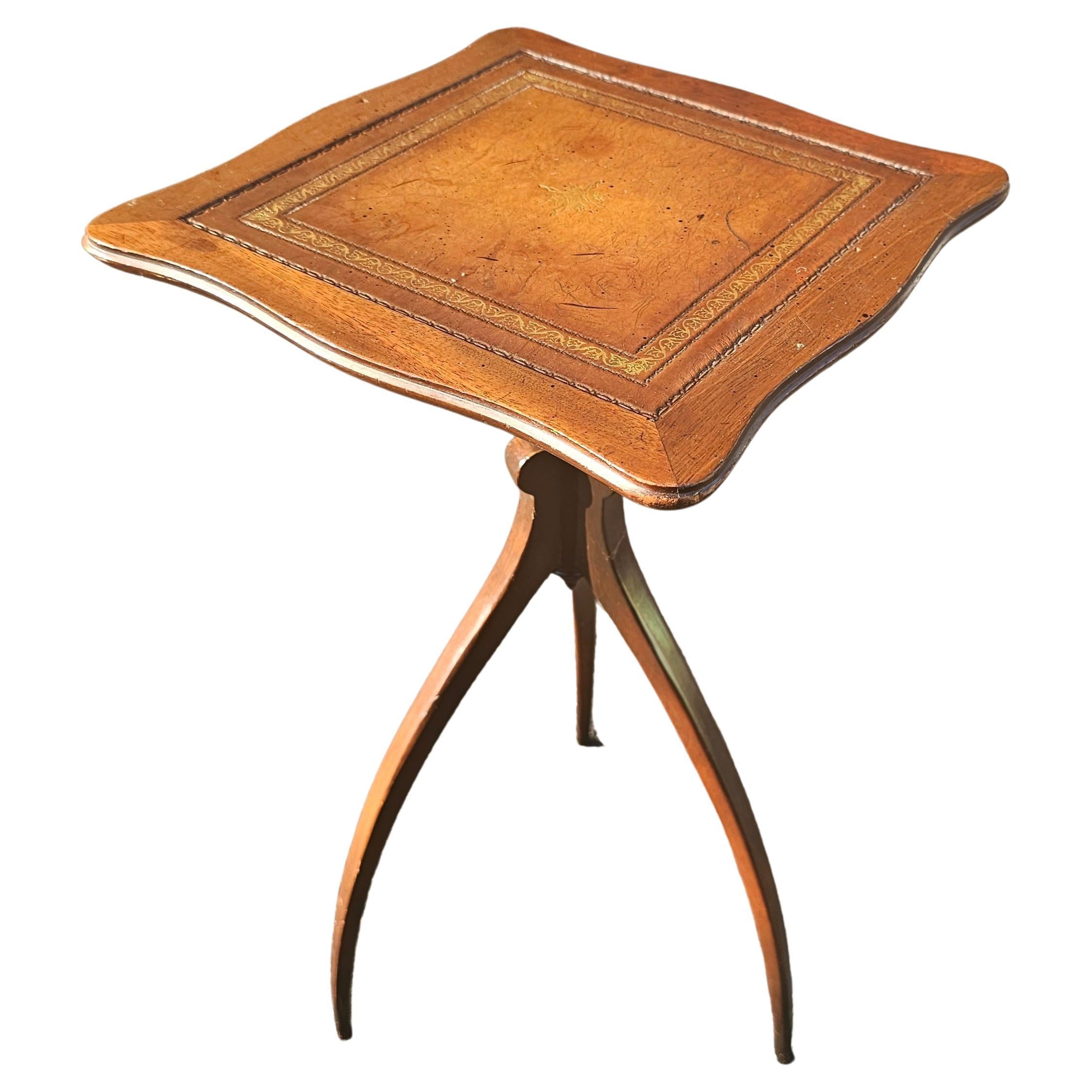 Mid 20th Century Spider Tripod Mahogany and Tooled Leather Top Candle Stand For Sale 1