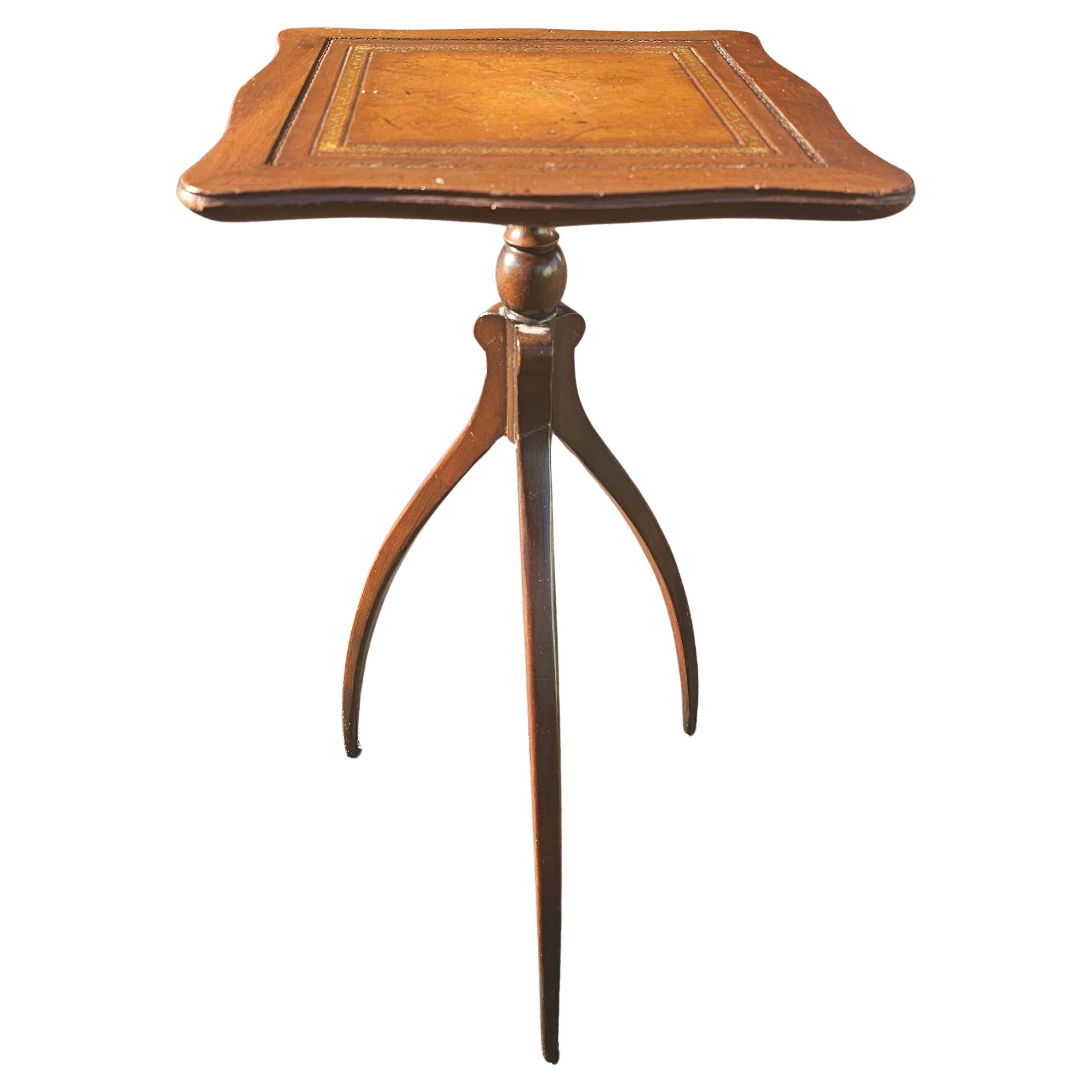 Mid 20th Century Spider Tripod Mahogany and Tooled Leather Top Candle Stand For Sale 2