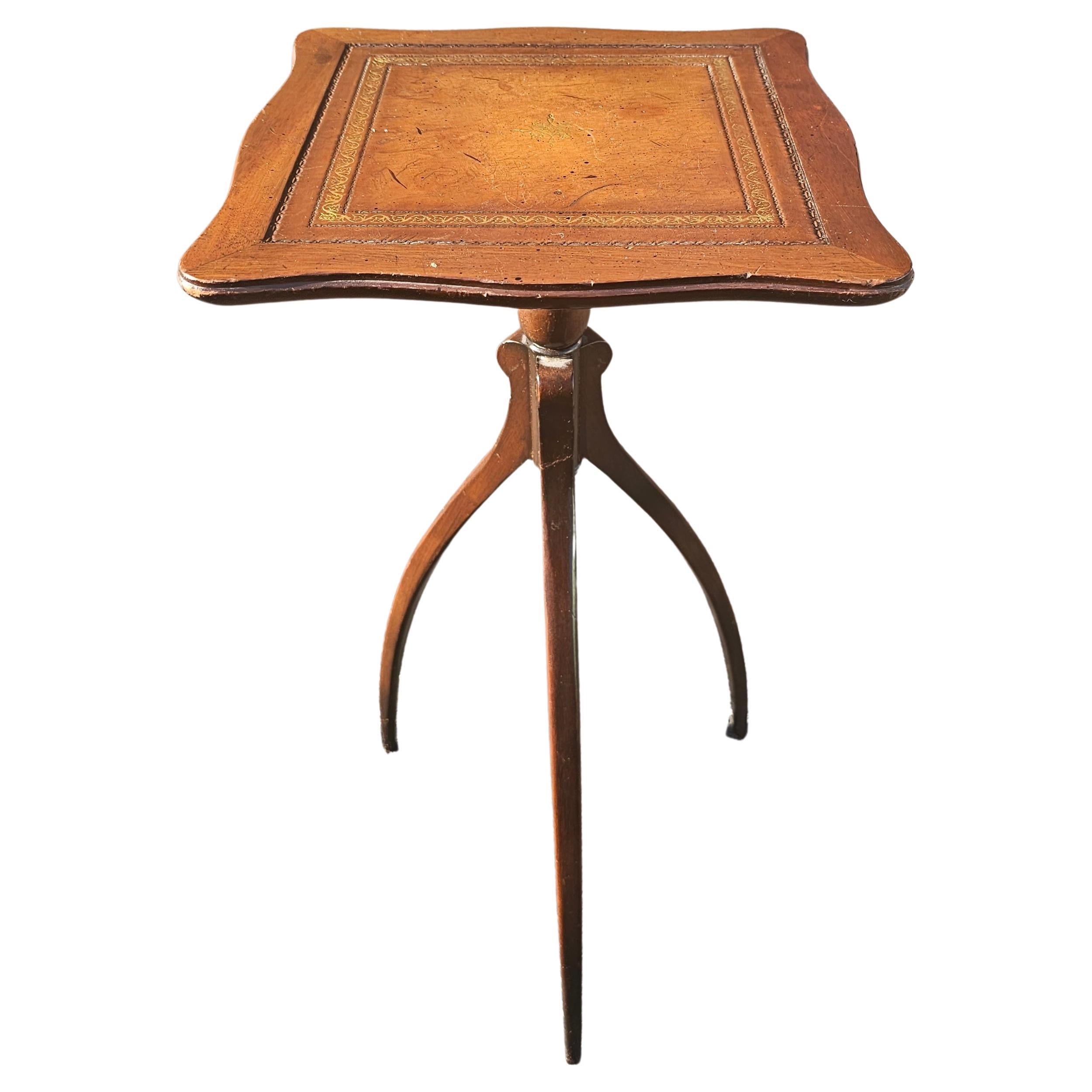 Mid 20th Century Spider Tripod Mahogany and Tooled Leather Top Candle Stand