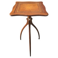 Vintage Mid 20th Century Spider Tripod Mahogany and Tooled Leather Top Candle Stand