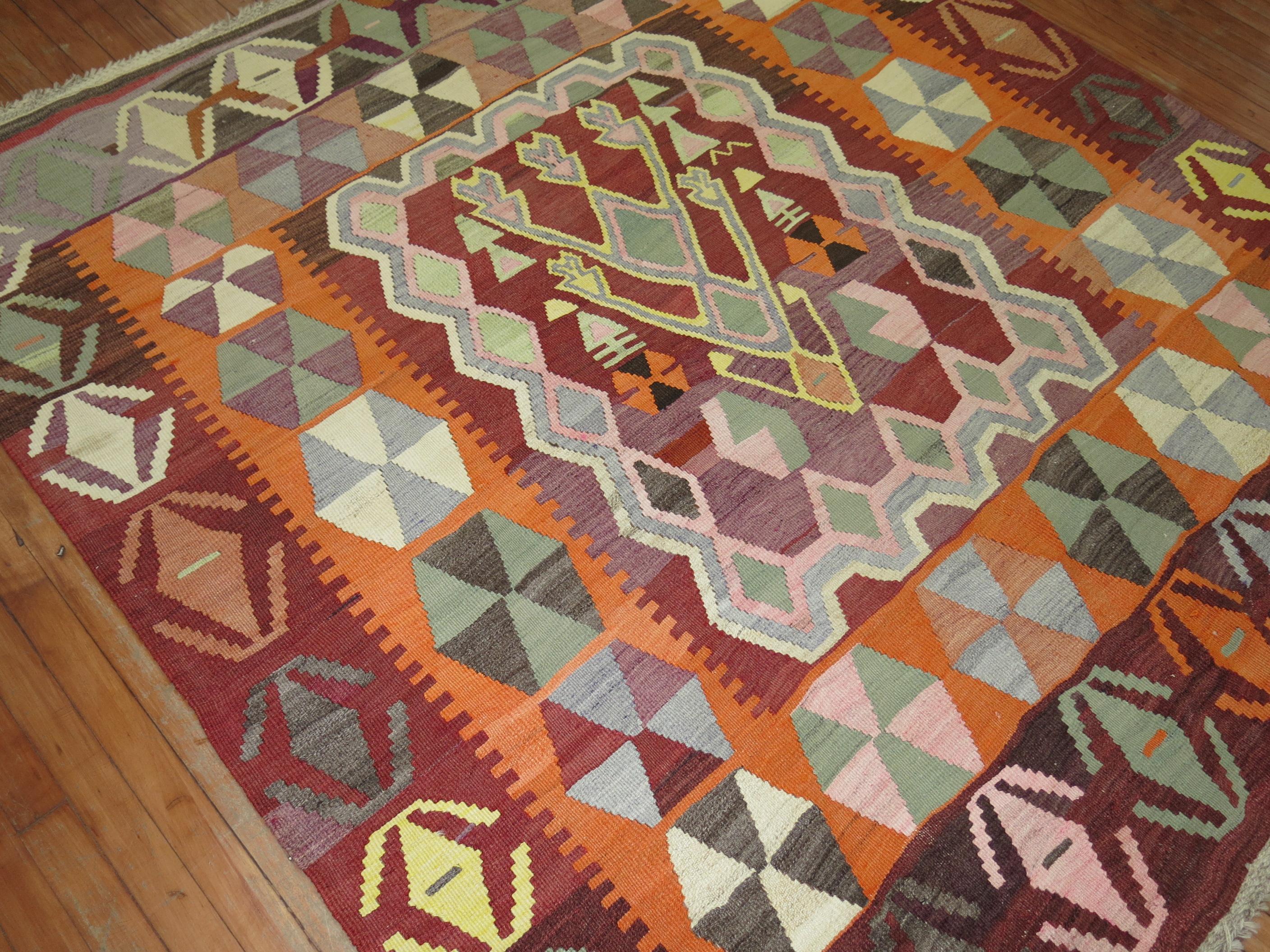 Mid-20th Century Square Geometric Turkish Kilim In Good Condition For Sale In New York, NY