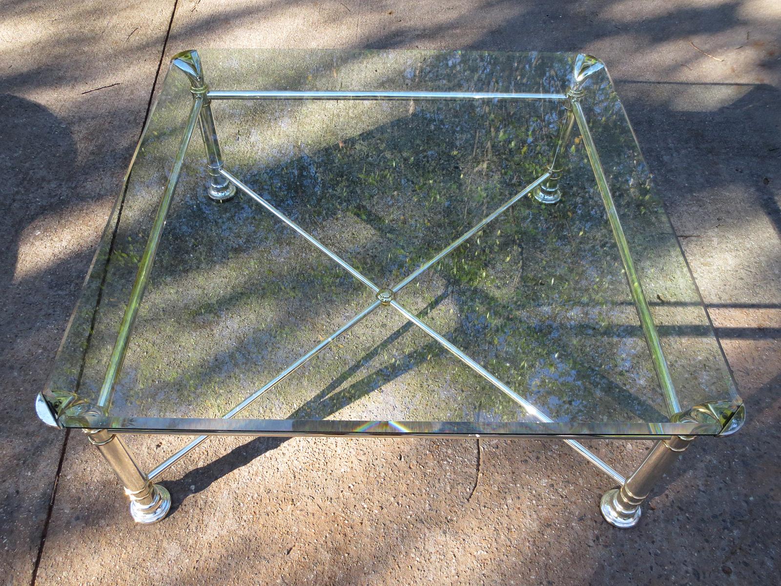 Silvered Mid-20th Century Square Silver Metal and Brass Coffee Table with Glass Top