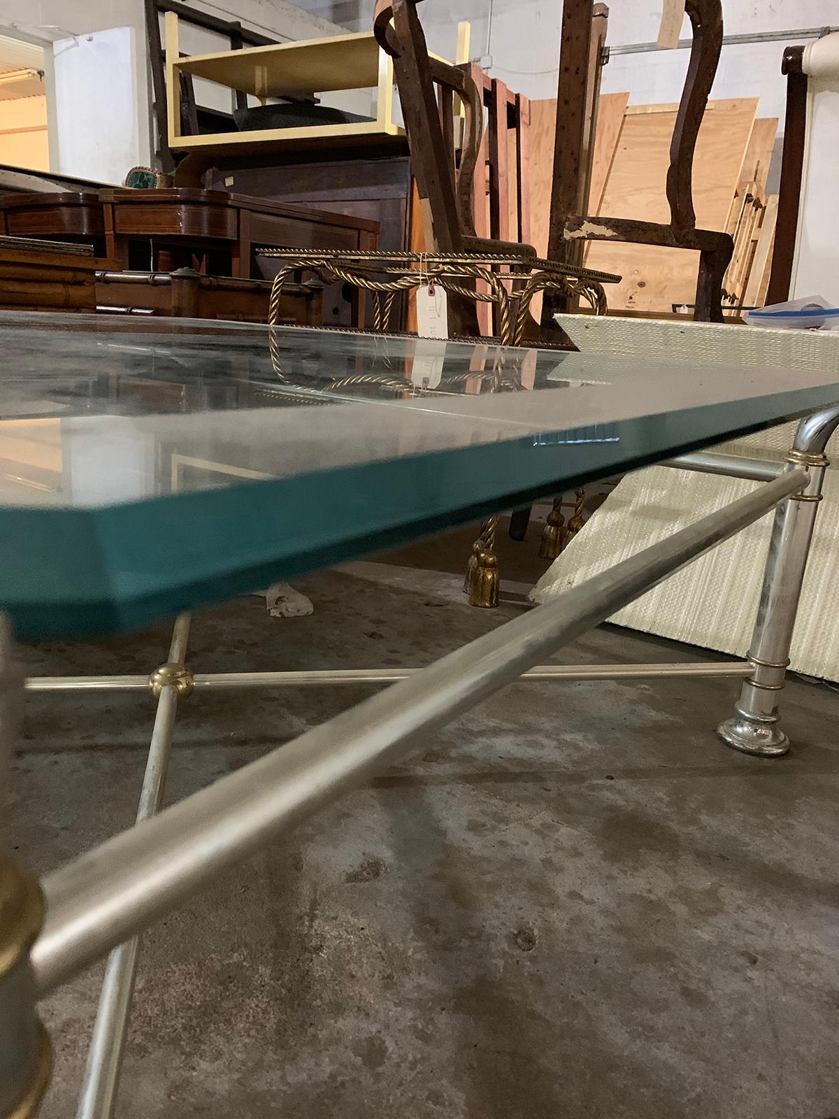 Mid-20th Century Square Silver Metal and Brass Coffee Table with Glass Top 3