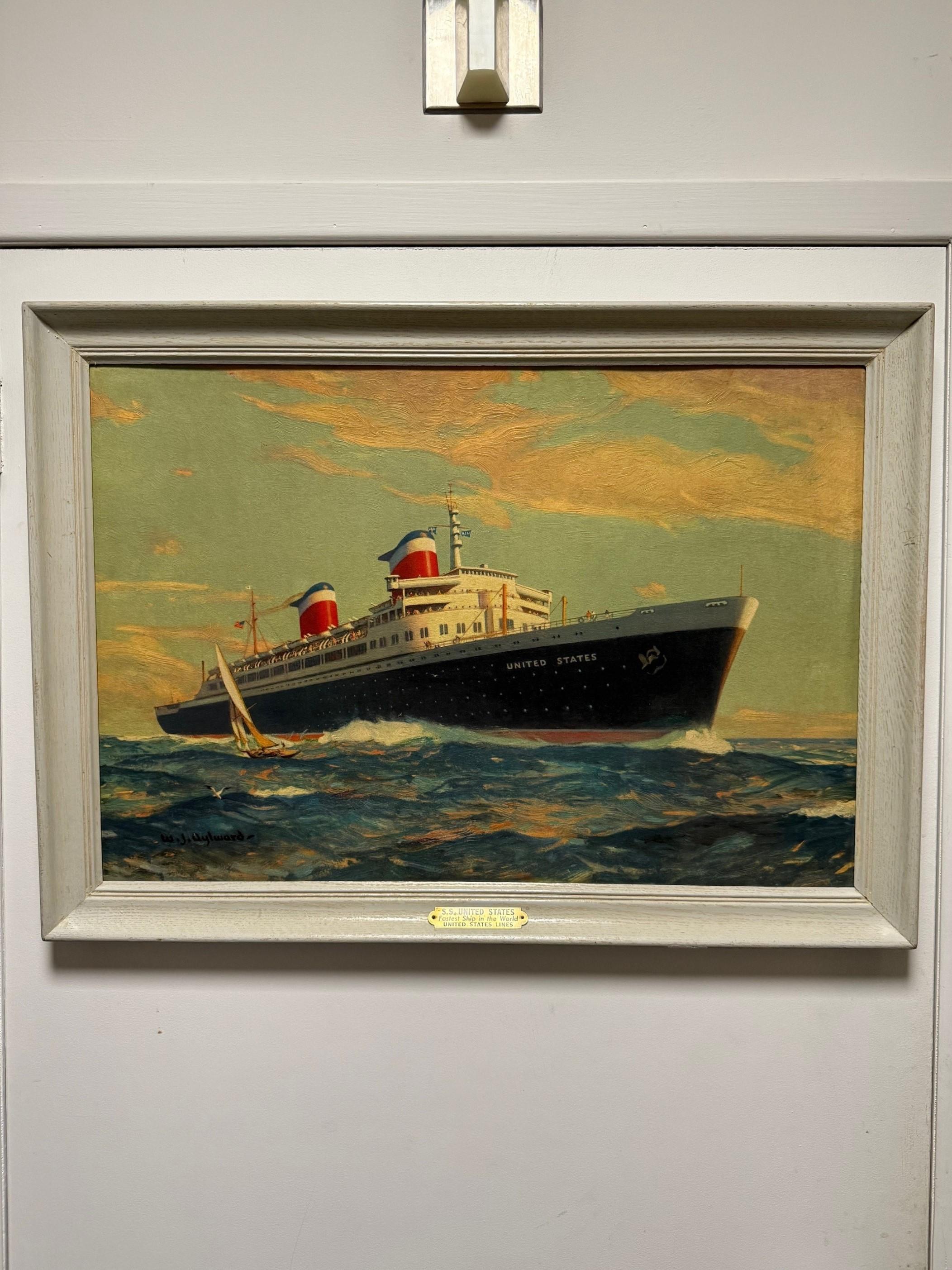 Mitte des 20. Jahrhunderts original Reisebüro gerahmt SS. Vereinigte Staaten Druck auf Karton von WJ Aylward. 
Die SS United States ist ein ausgemusterter amerikanischer Ozeandampfer, der in den Jahren 1950 und 1951 für United States Lines gebaut
