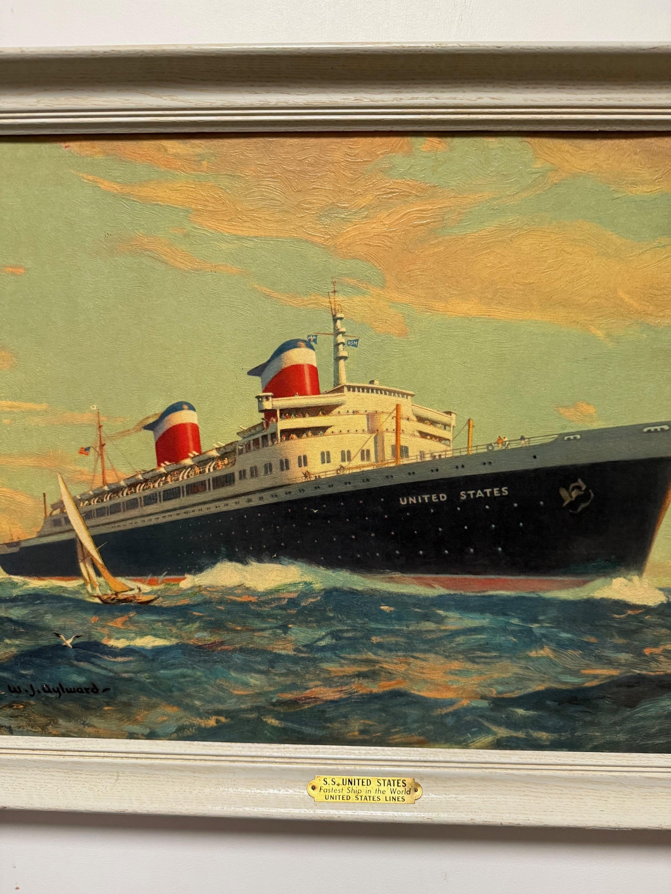 Mitte des 20. Jahrhunderts SS Vereinigte Staaten US Linien, WJ Aylward Druck auf Karton, gerahmt im Zustand „Gut“ im Angebot in Stamford, CT