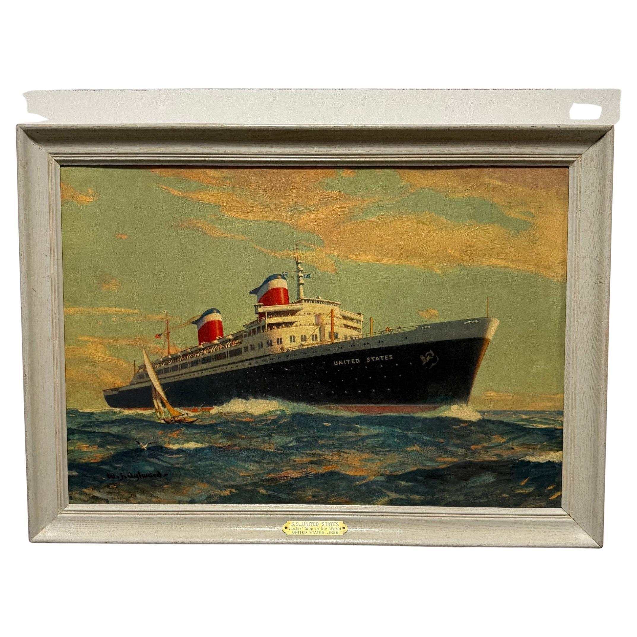 SS United States US Lines, WJ Aylward Stampa su tavola della metà del XX secolo, incorniciata