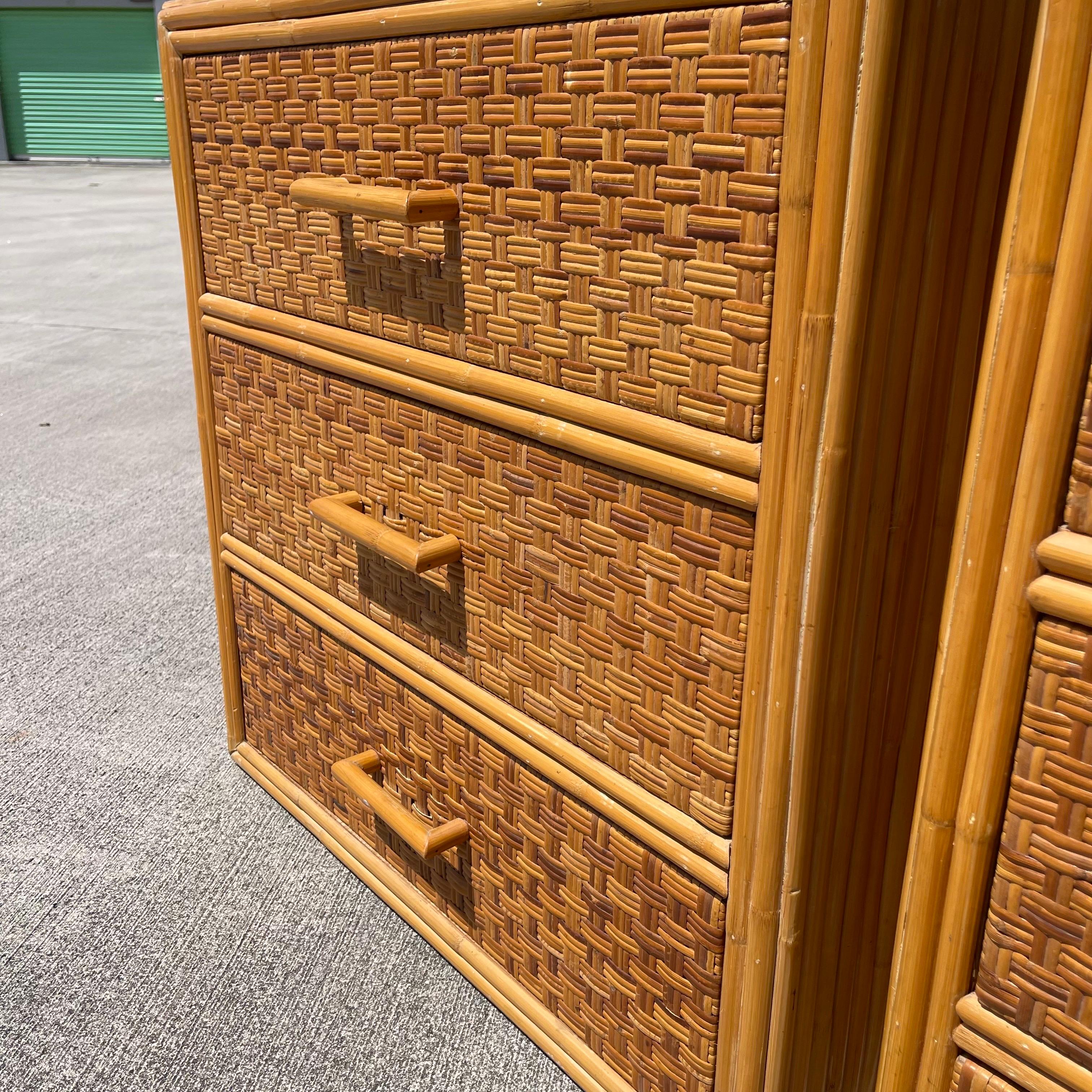 Mid-20th Century Stacked Rattan, Woven Wicker Nightstands or Side Tables, a Pair 9