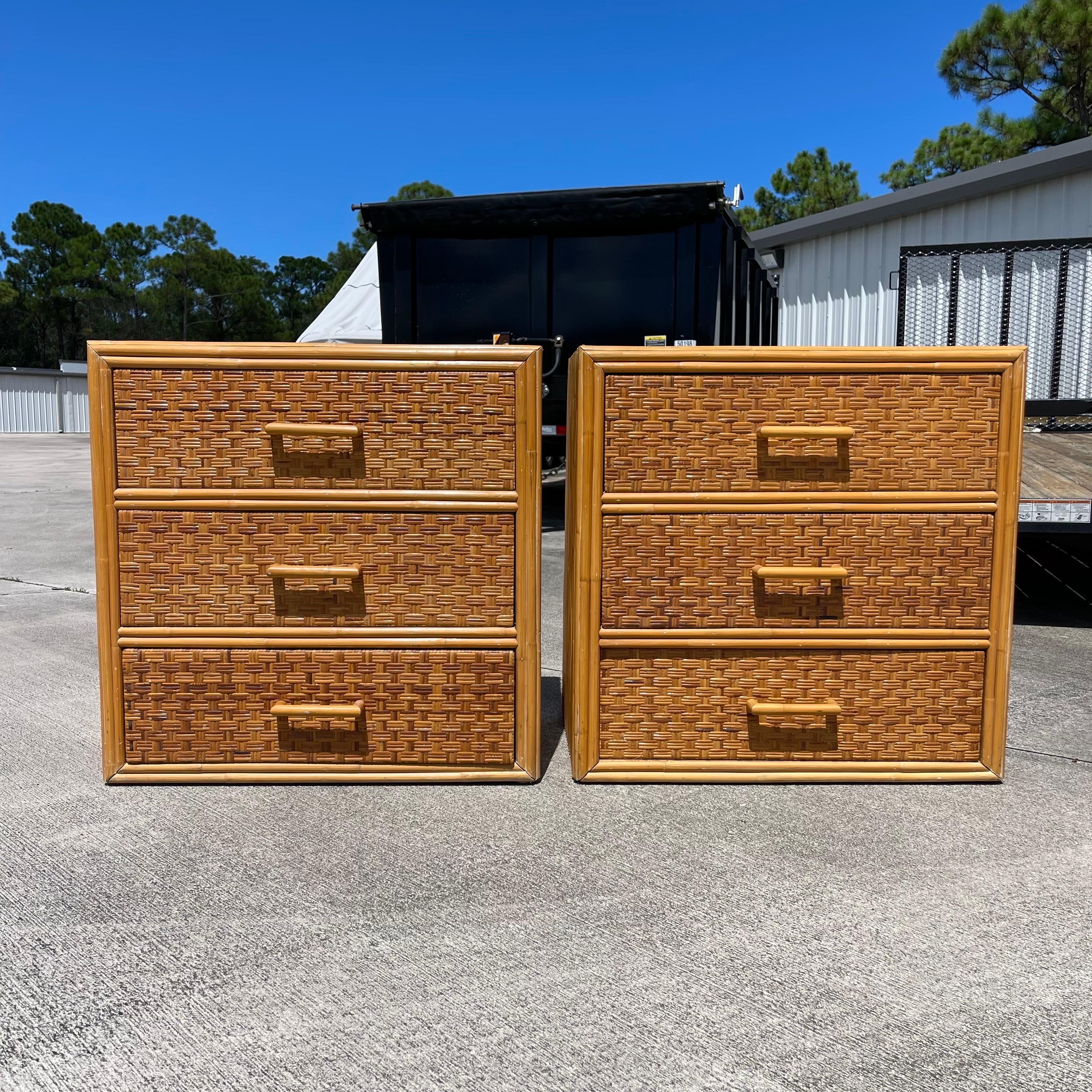 Fabulous vintage pair of stacked rattan with woven wicker-front drawer nightstands, side tables, or modular dressers. Myriad possibilities depending on your application. 
