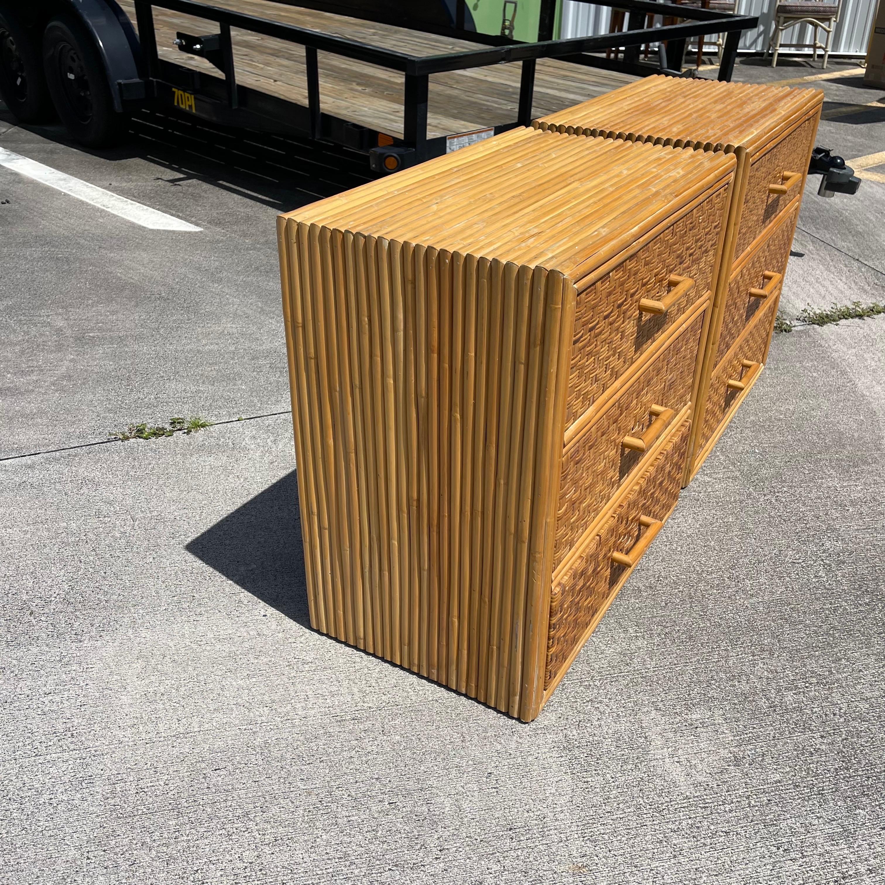 Mid-20th Century Stacked Rattan, Woven Wicker Nightstands or Side Tables, a Pair 3