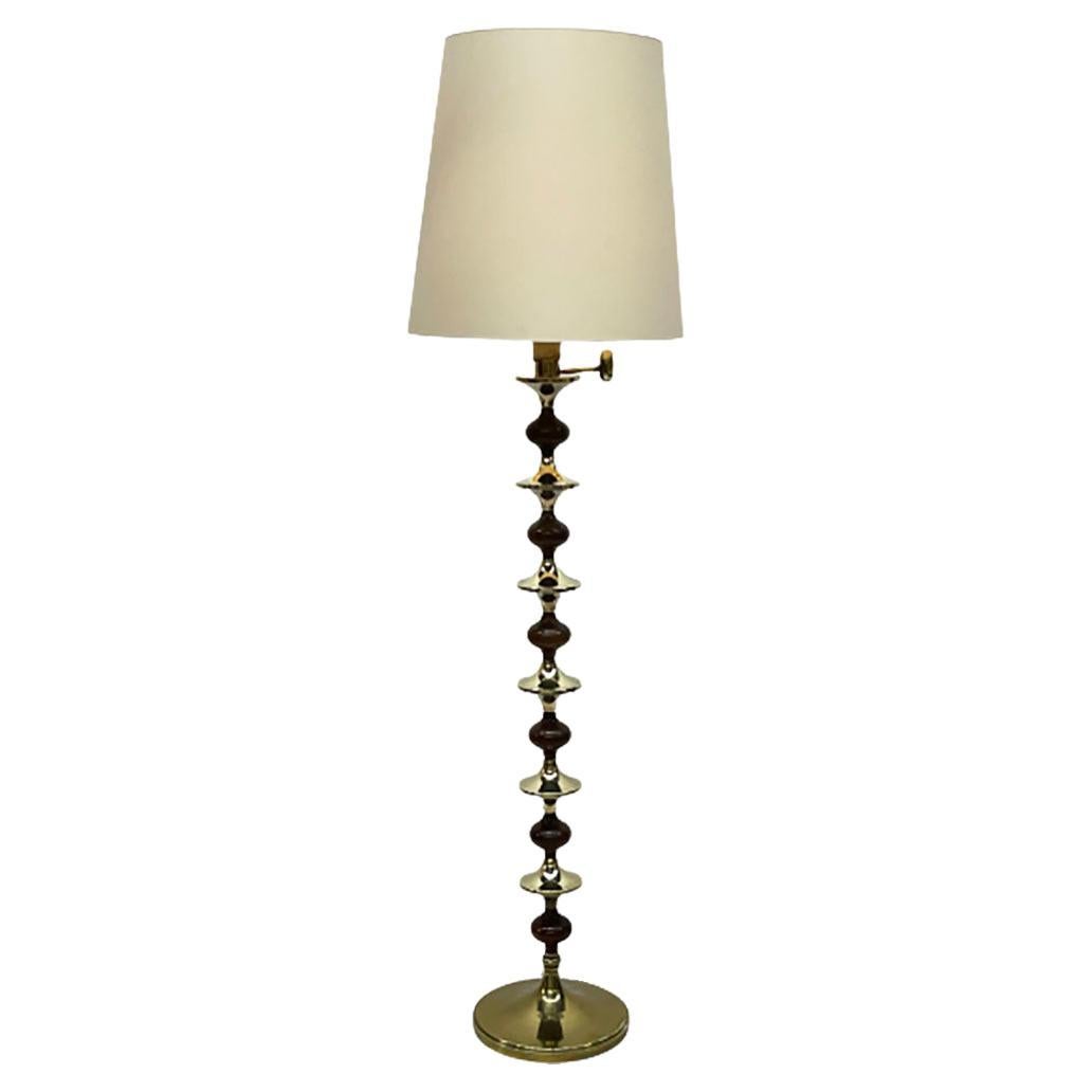 Mid 20th Century Stacked with Brass and Wooden Stem Floor Lamp For Sale