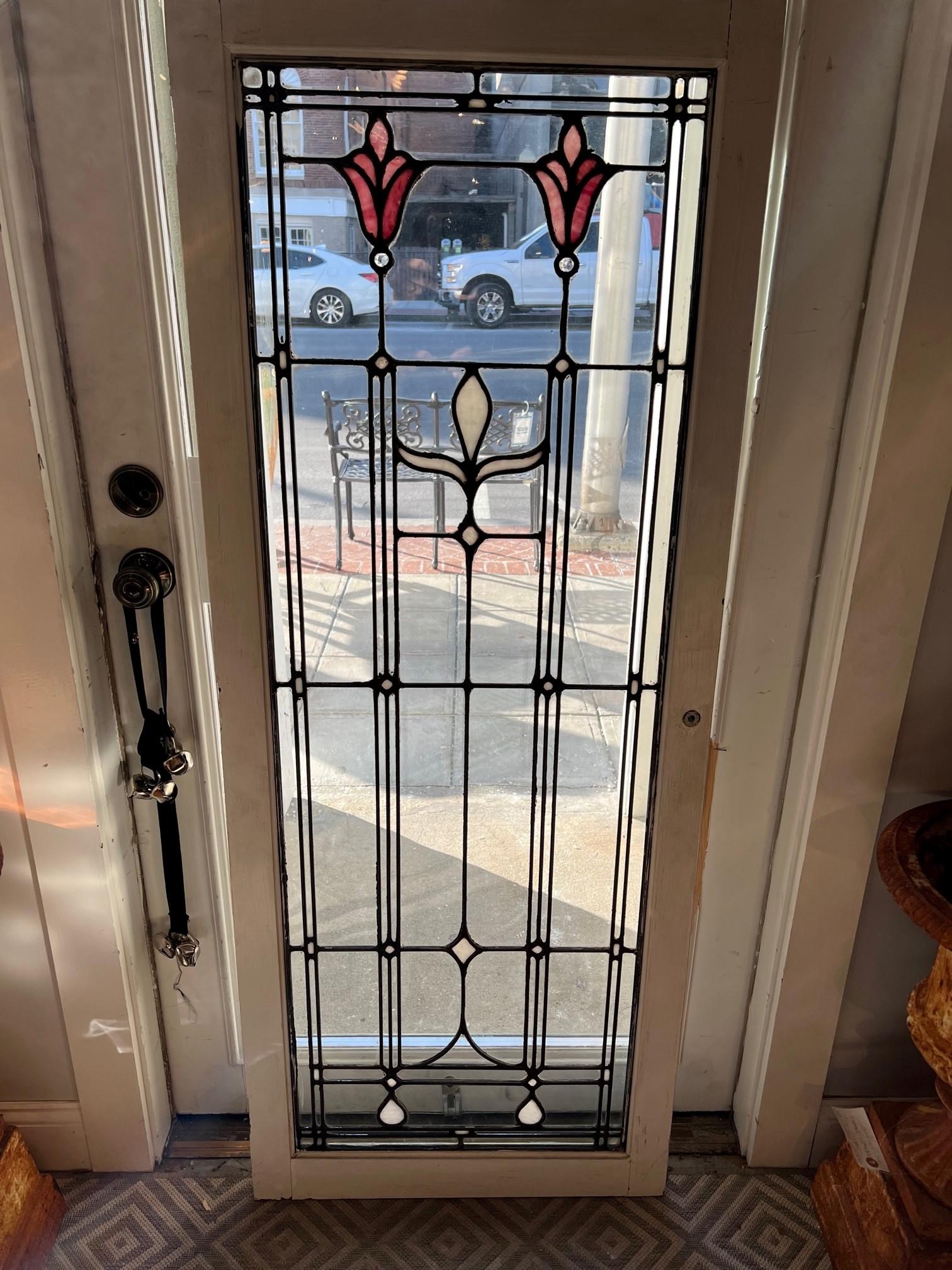 Mid 20th century antique stained and clear glass zinc cabinet door panels, six pieces available sold individually. This is a beautiful straight line zinc widow perfect for cabinets or as a single piece. Zinc was used in doors and cabinets because
