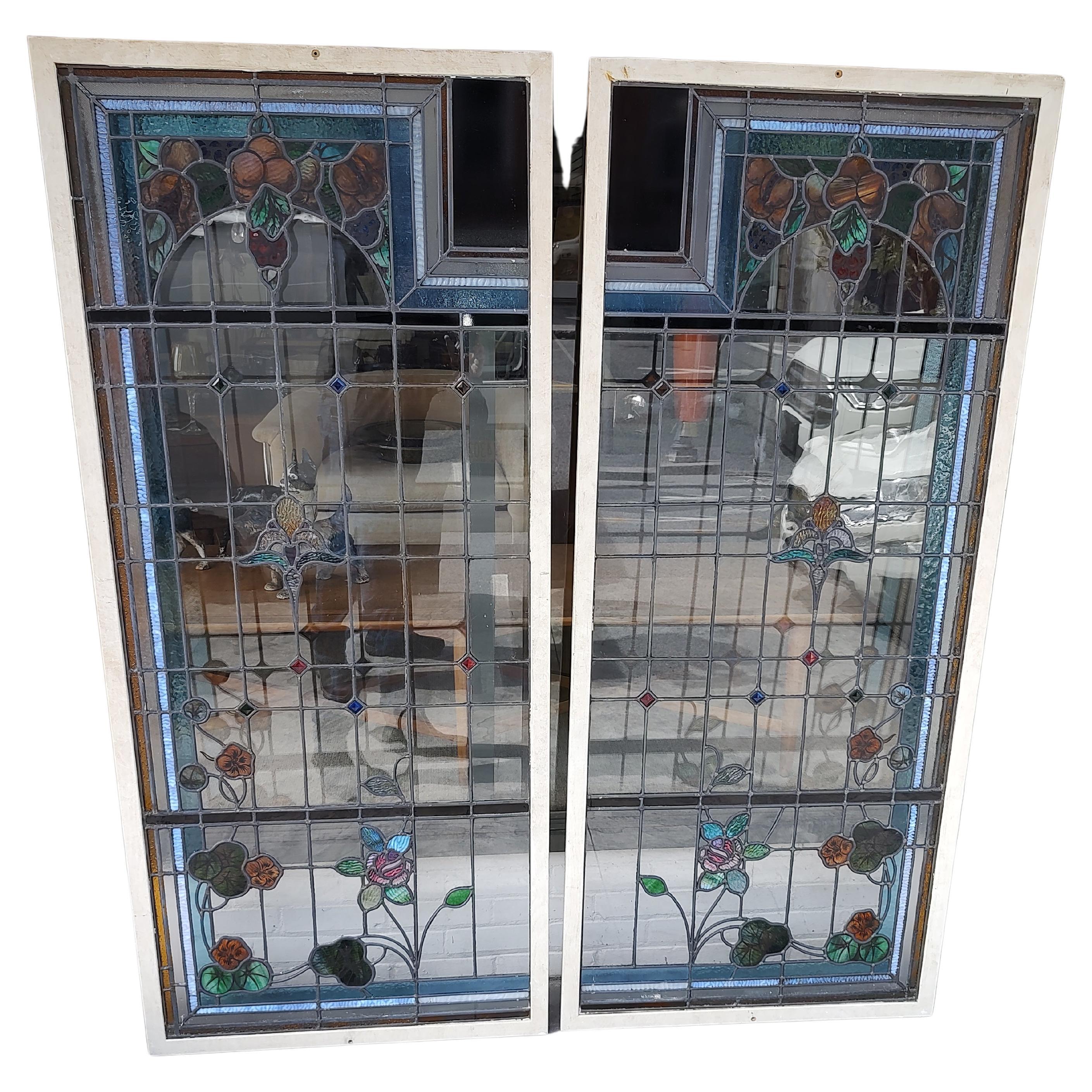 Mid 20th Century Stained Glass Windows Fruit & Leaves, Jewels