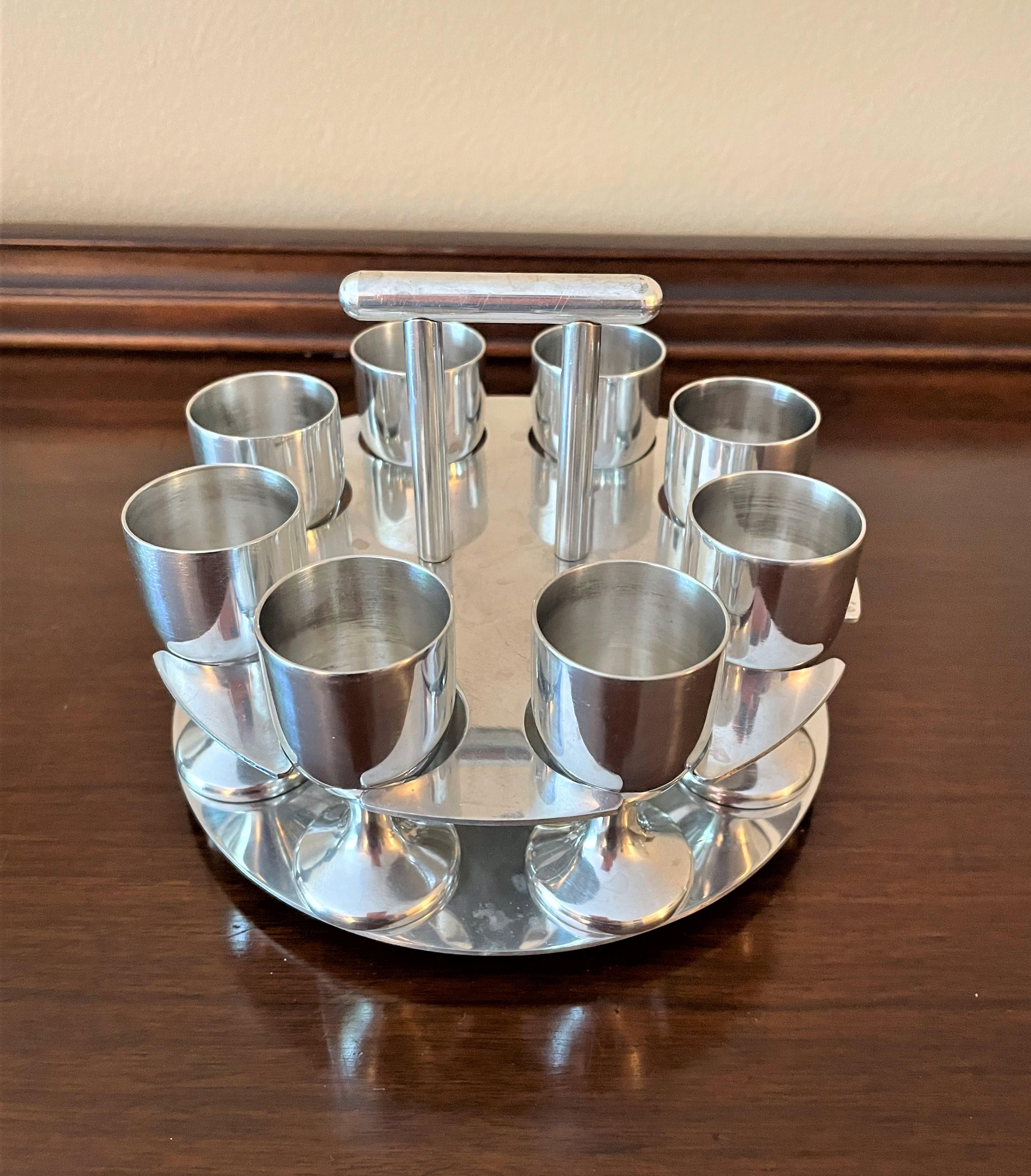 Danish Mid-20th Century Stainless Steel Aperitifs / Cordials or Shot Glasses, Set of 8 For Sale