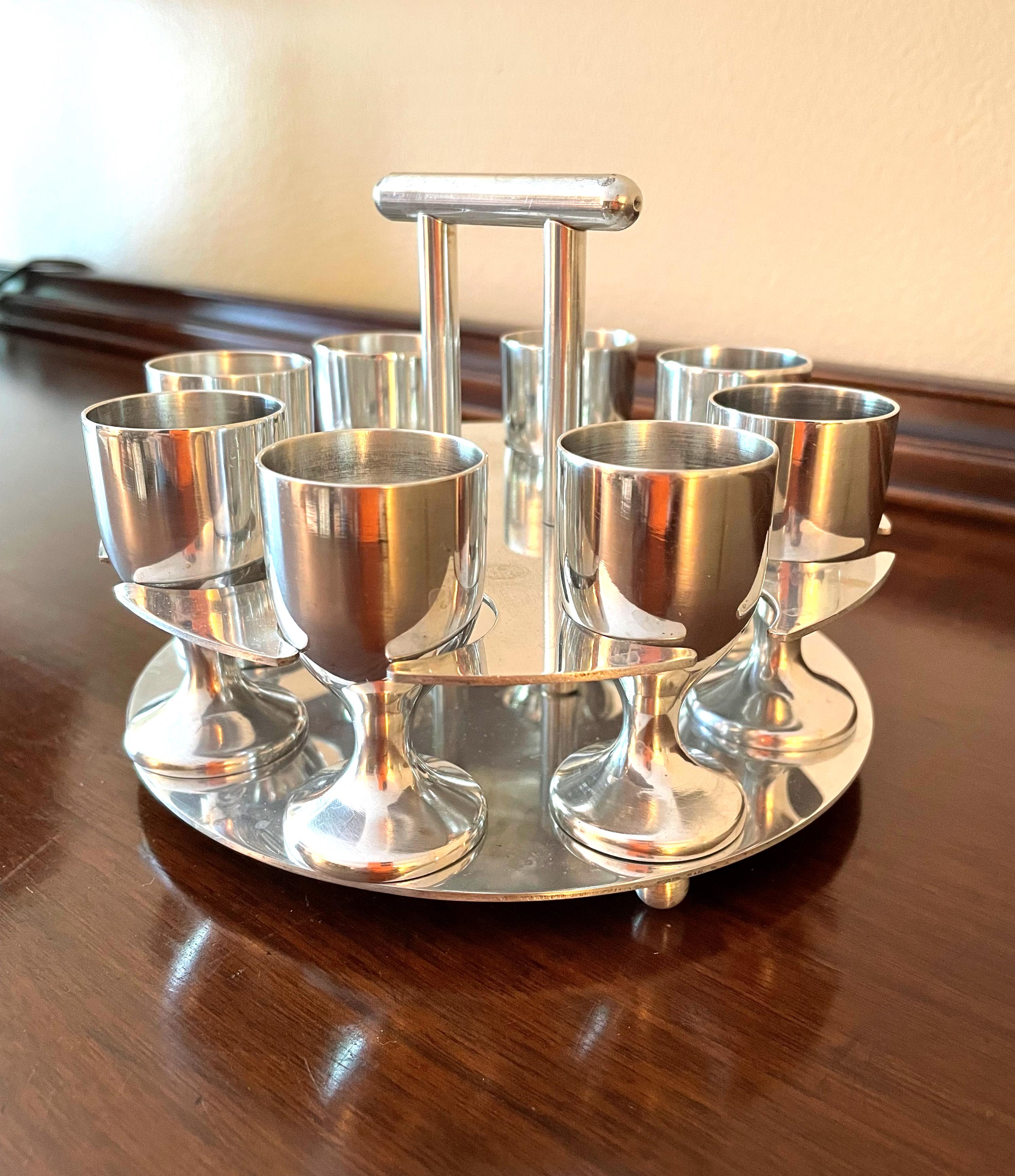 Mid-20th Century Stainless Steel Aperitifs / Cordials or Shot Glasses, Set of 8 For Sale