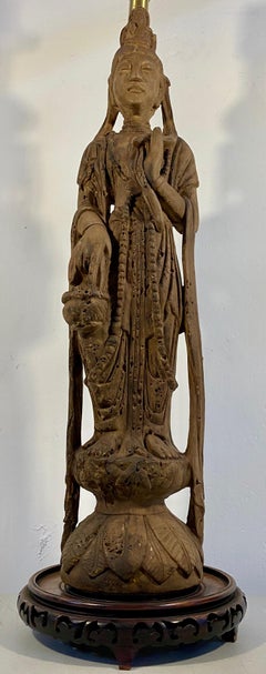 Mid-20th Century Standing Quan Yin Fired Stoneware Table Lamp