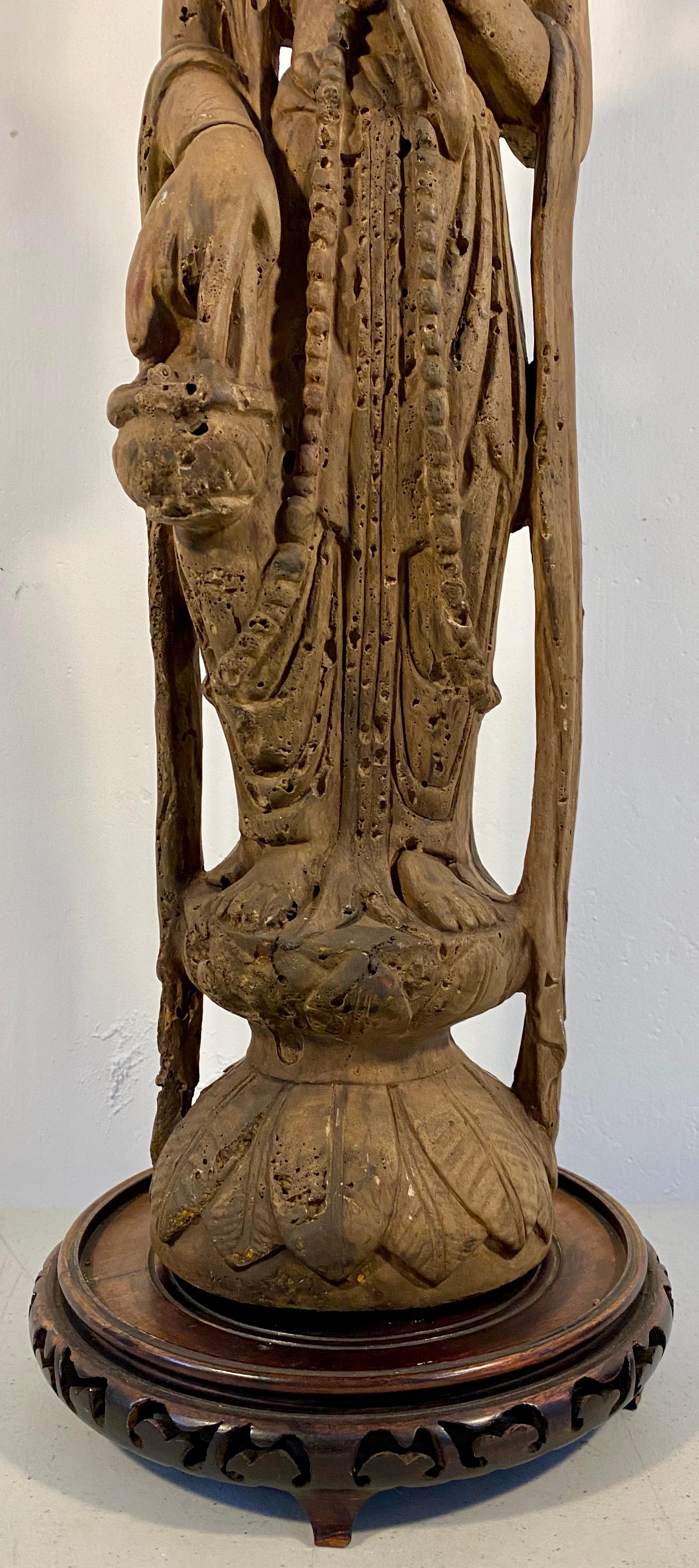 Mid-20th Century Standing Quan Yin Fired Stoneware Table Lamp In Good Condition For Sale In San Francisco, CA