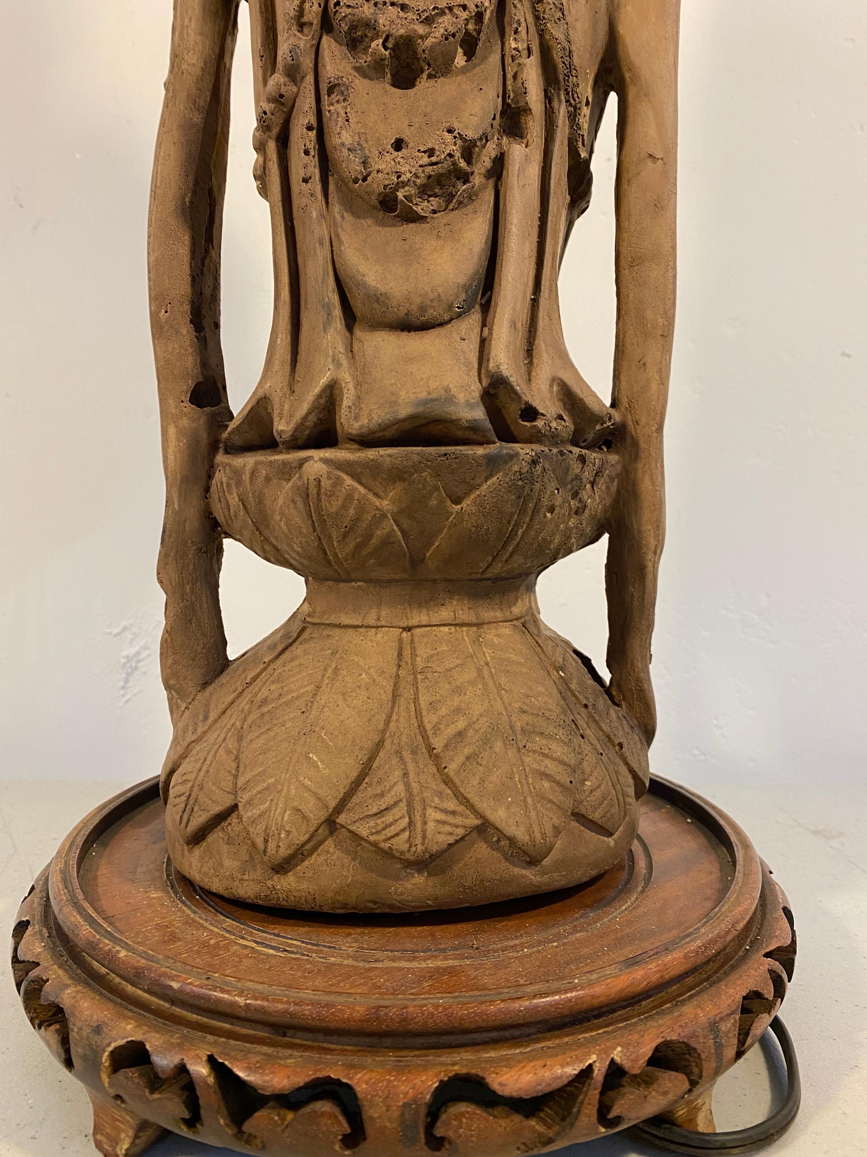 Mid-20th Century Standing Quan Yin Fired Stoneware Table Lamp For Sale 3