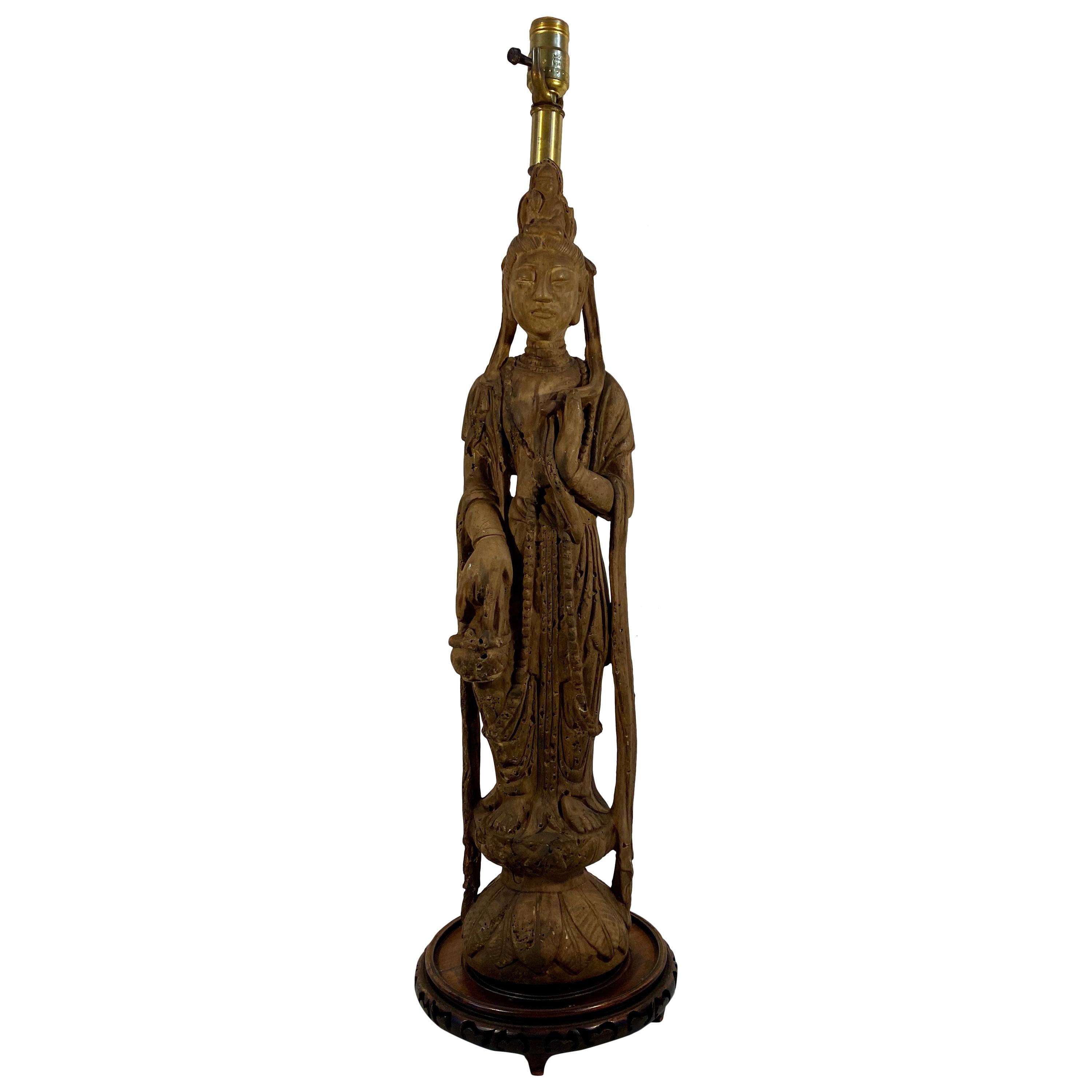 Mid-20th Century Standing Quan Yin Fired Stoneware Table Lamp