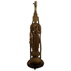 Mid-20th Century Standing Quan Yin Fired Stoneware Table Lamp