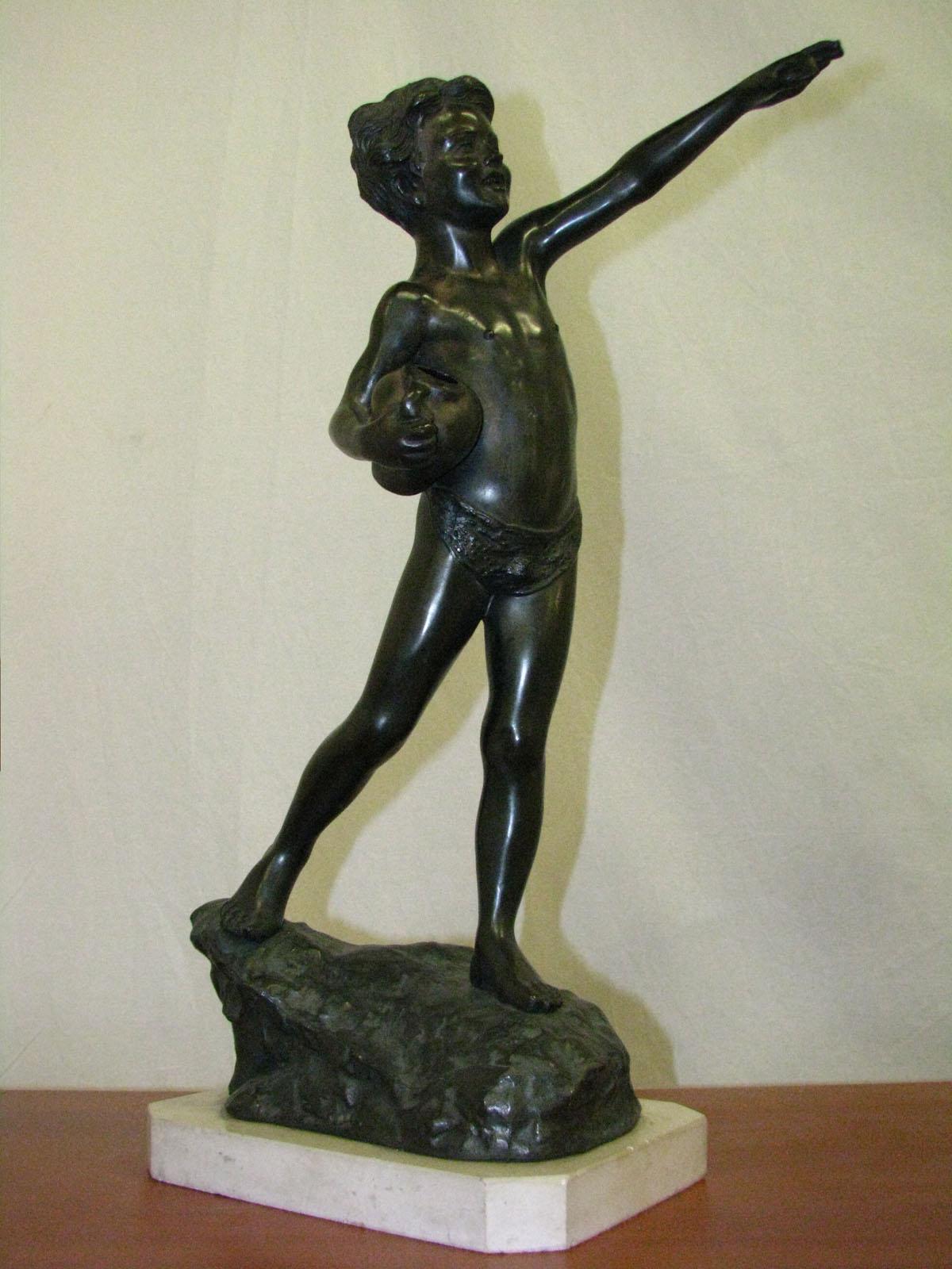 Patinated Mid-20th Century Statue of Boy Carrying a Jug Zinc For Sale