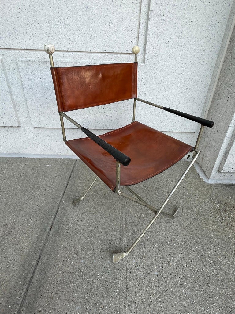 Mid 20th Century Steel and Leather Directors Chair Made from Golf