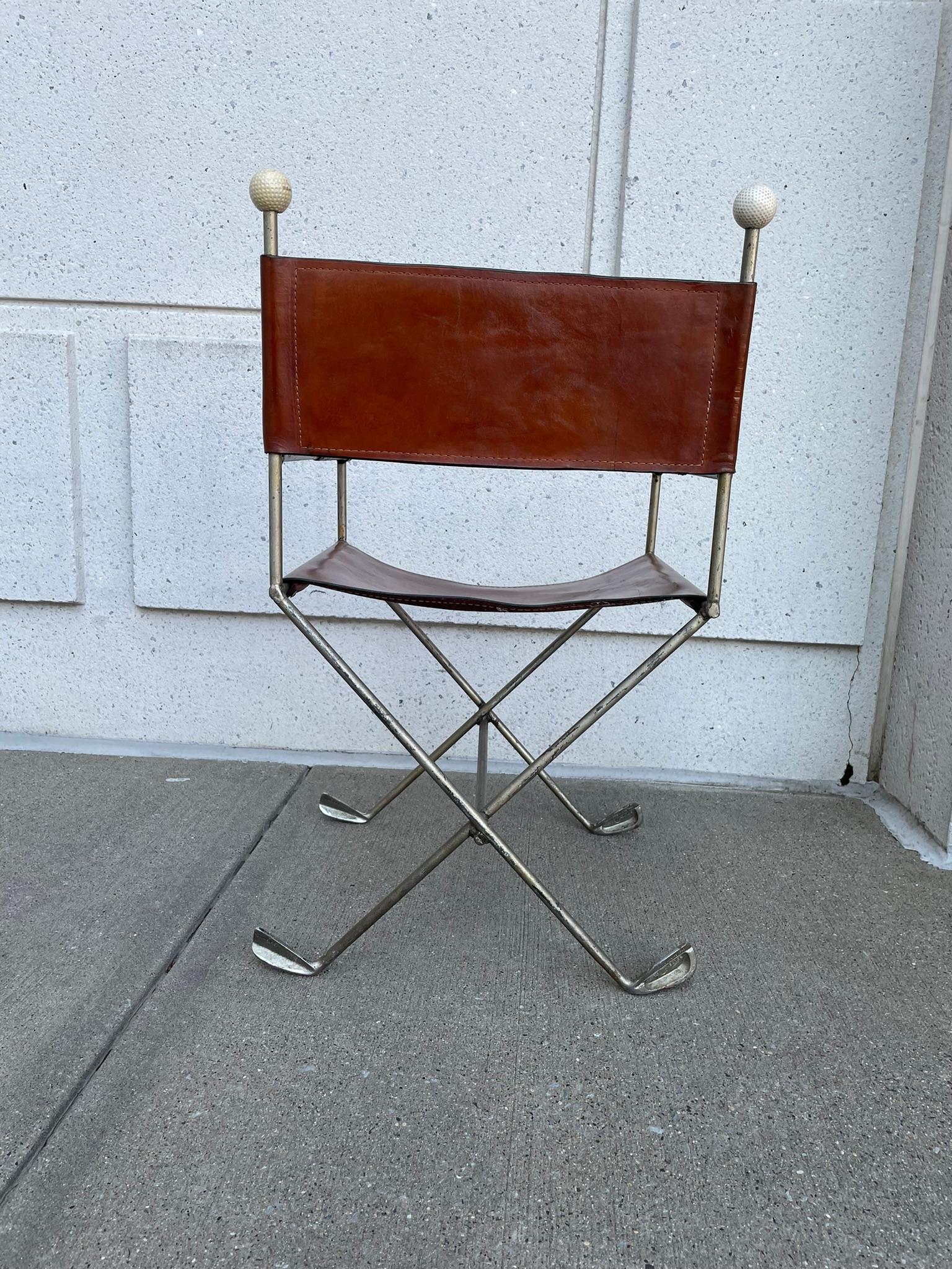 American Mid-20th Century Steel and Leather Directors Chair Made from Golf Clubs For Sale