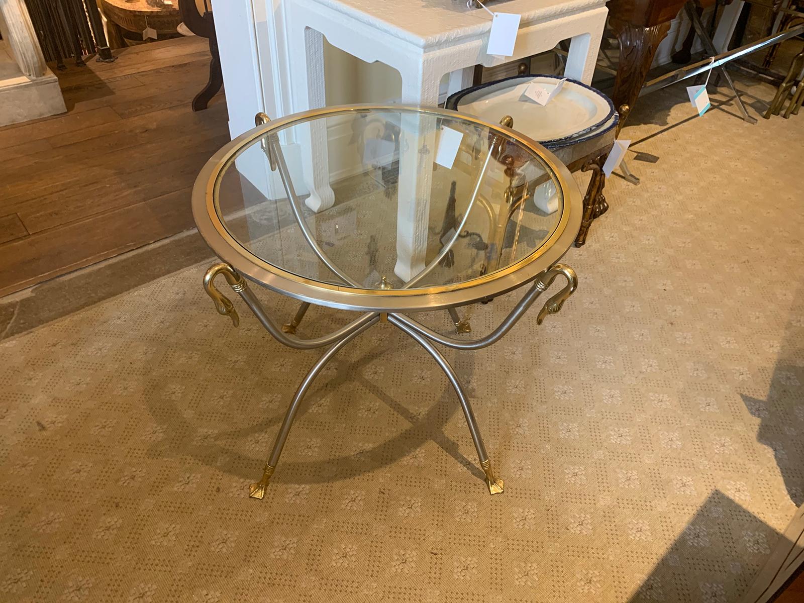 Mid-20th Century Steel and Brass Gueridon Glass Top Table, Ducks Heads and Feet 6