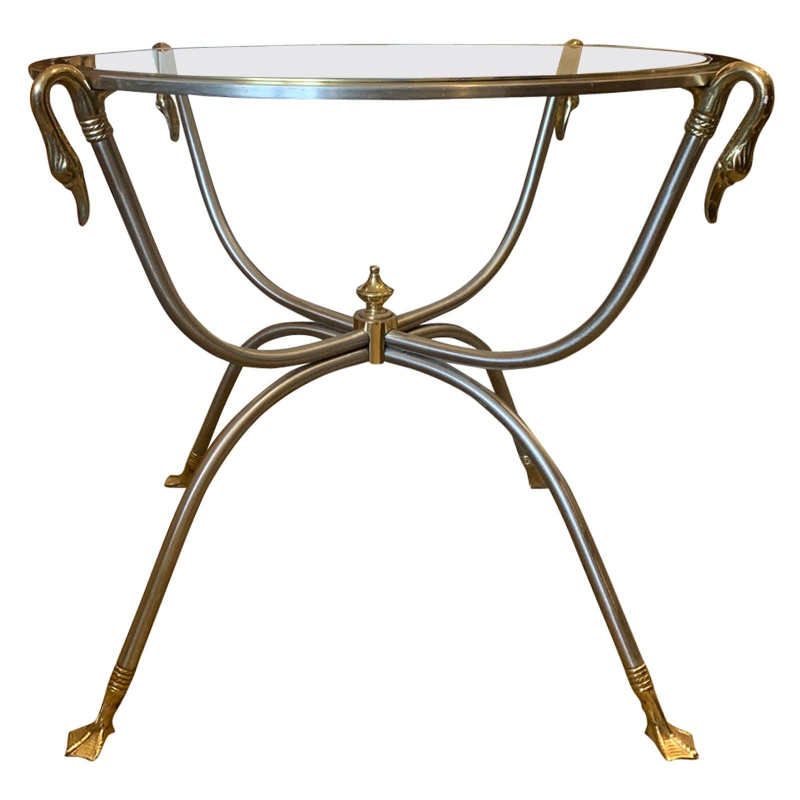 Mid-20th Century Steel and Brass Gueridon Glass Top Table, Ducks Heads and Feet