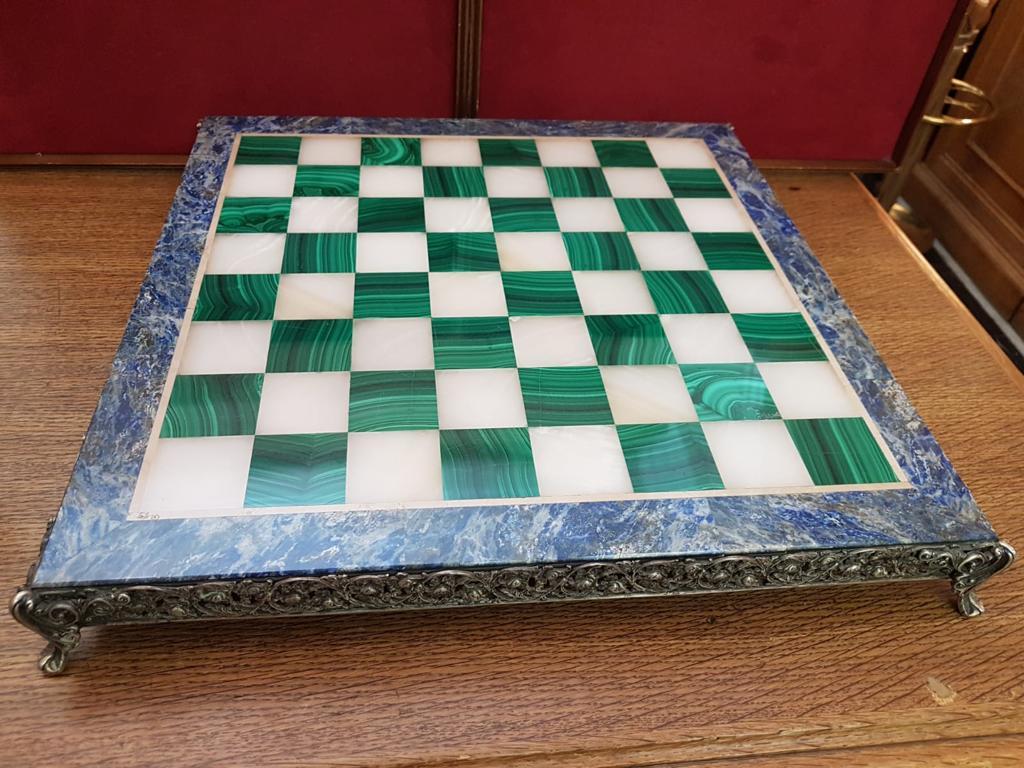 Mid-20th Century Sterline Silver Semiprecious Stones Chessboard For Sale 1