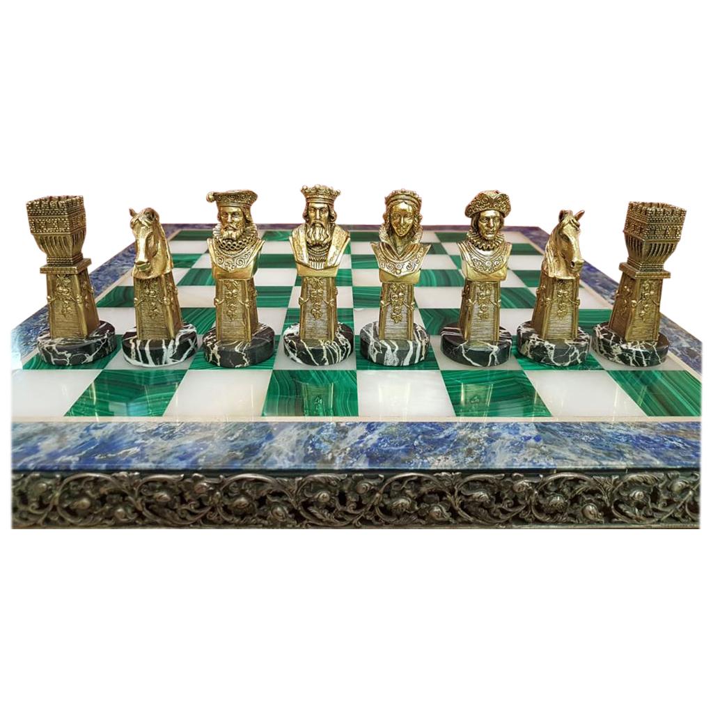 Mid-20th Century Sterline Silver Semiprecious Stones Chessboard For Sale