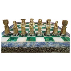 Mid-20th Century Sterline Silver Semiprecious Stones Chessboard