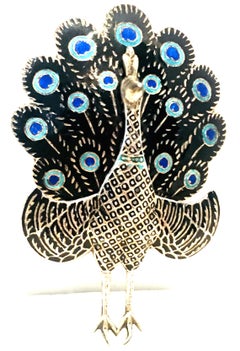 Mid-20th Century Sterling Silver & Enamel Articulating Peacock Brooch-Signed
