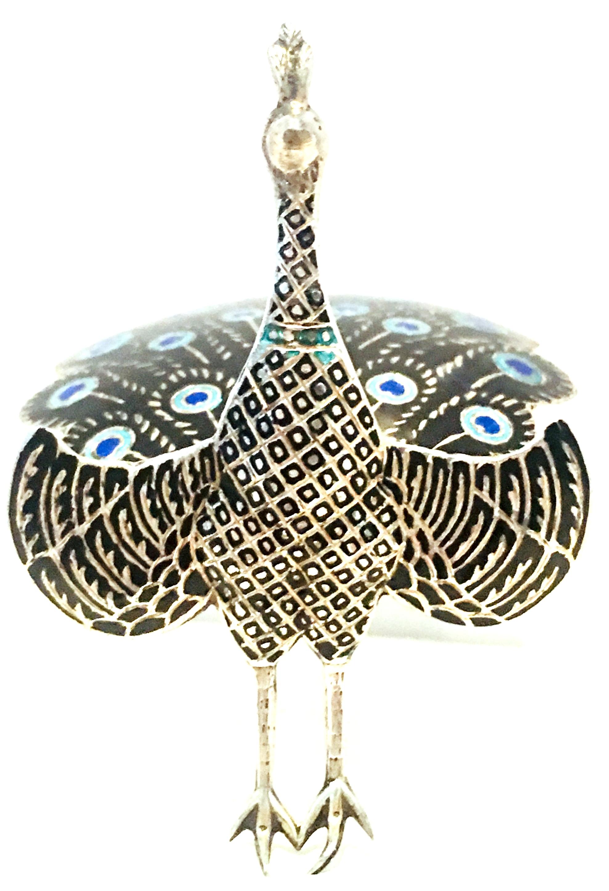 Mid-20th Century Sterling Silver & Enamel Articulating Peacock Brooch-Signed In Good Condition For Sale In West Palm Beach, FL