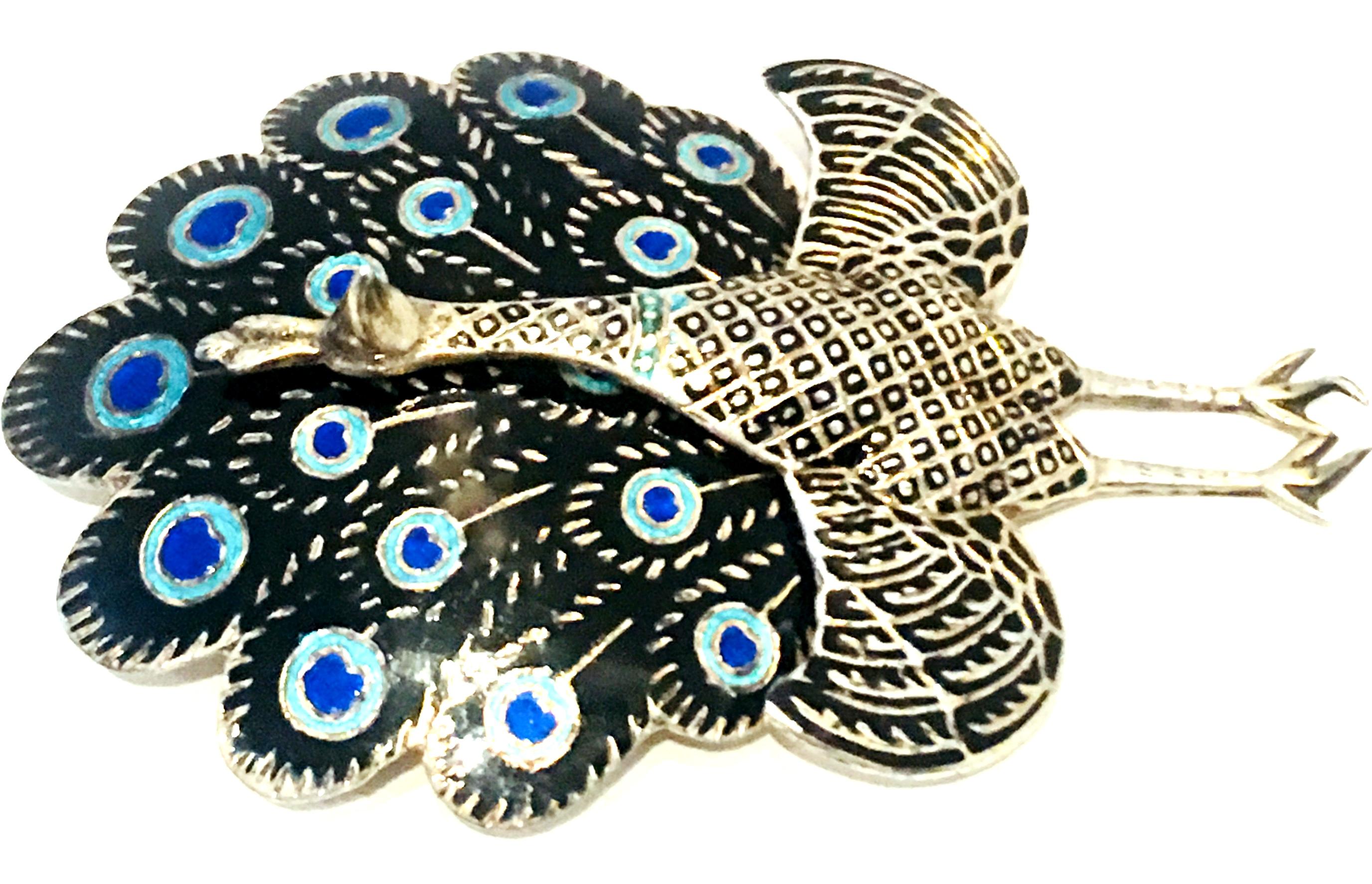 Women's or Men's Mid-20th Century Sterling Silver & Enamel Articulating Peacock Brooch-Signed For Sale