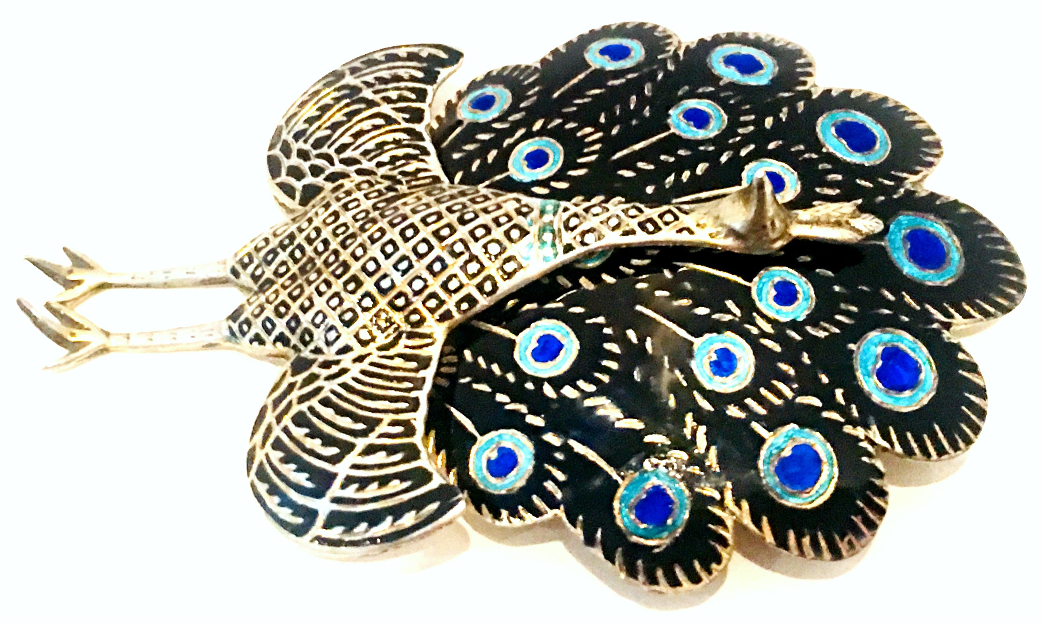 Mid-20th Century Sterling Silver & Enamel Articulating Peacock Brooch-Signed For Sale 1