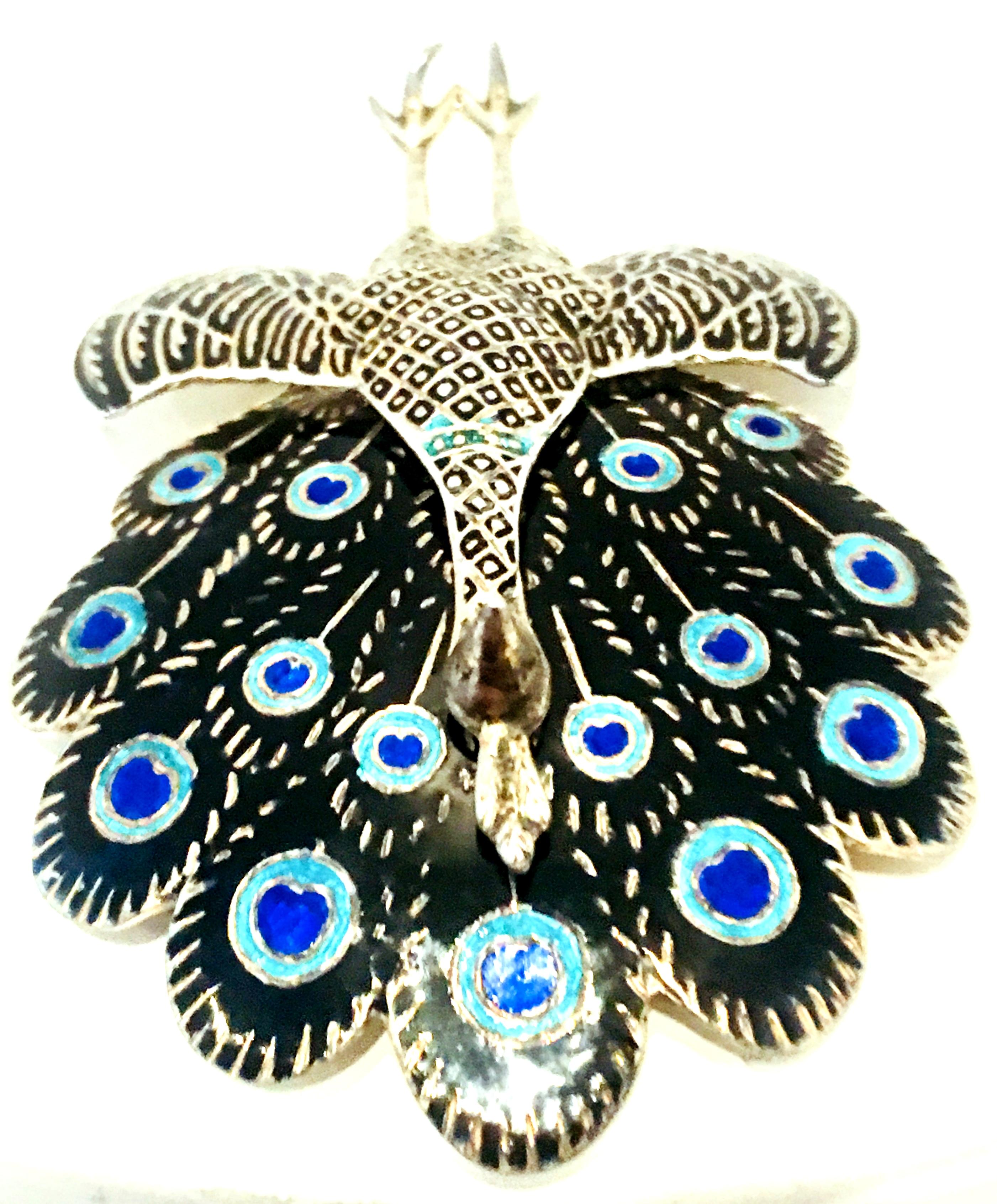 Mid-20th Century Sterling Silver & Enamel Articulating Peacock Brooch-Signed For Sale 2