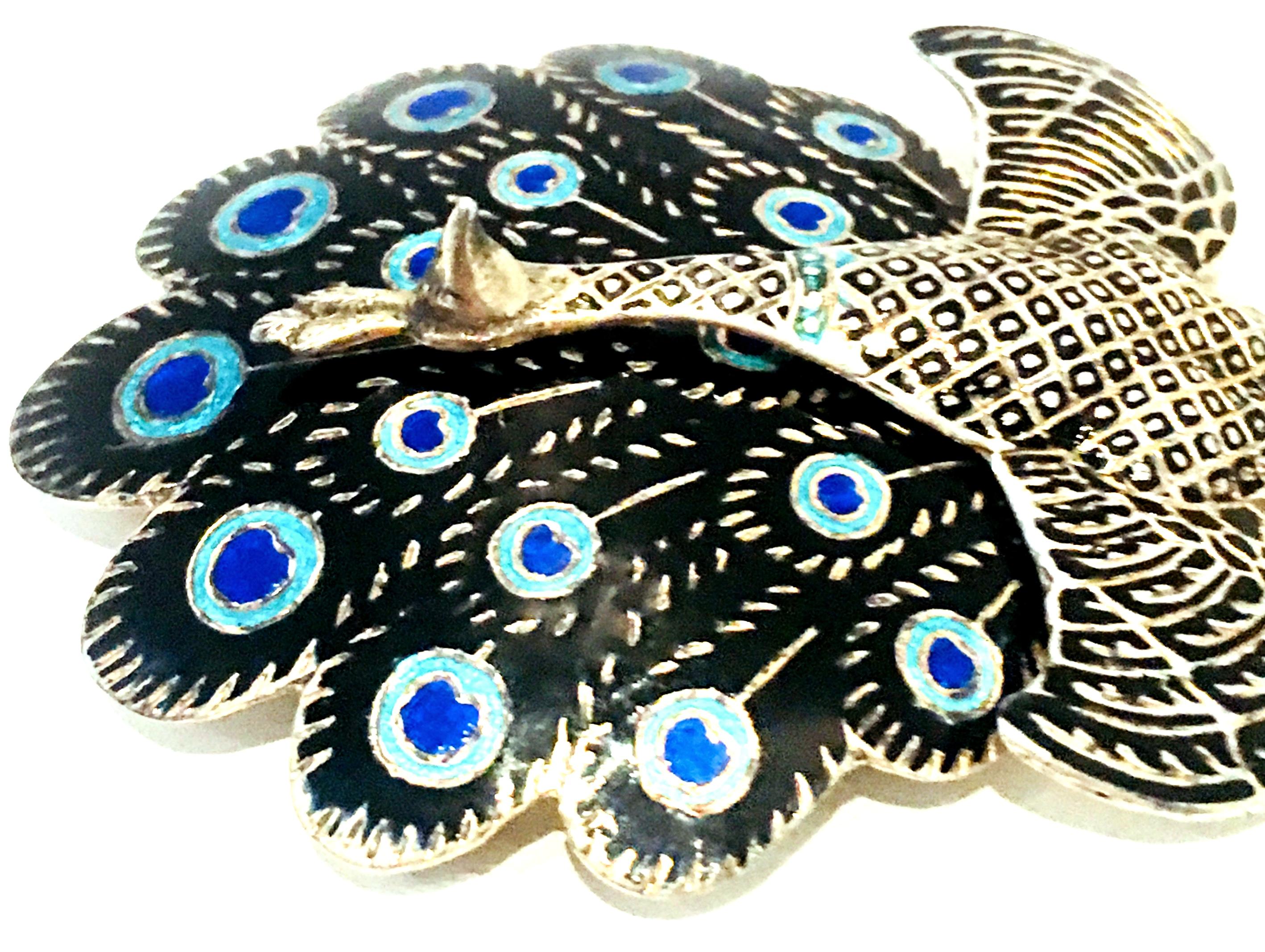 Mid-20th Century Sterling Silver & Enamel Articulating Peacock Brooch-Signed For Sale 3