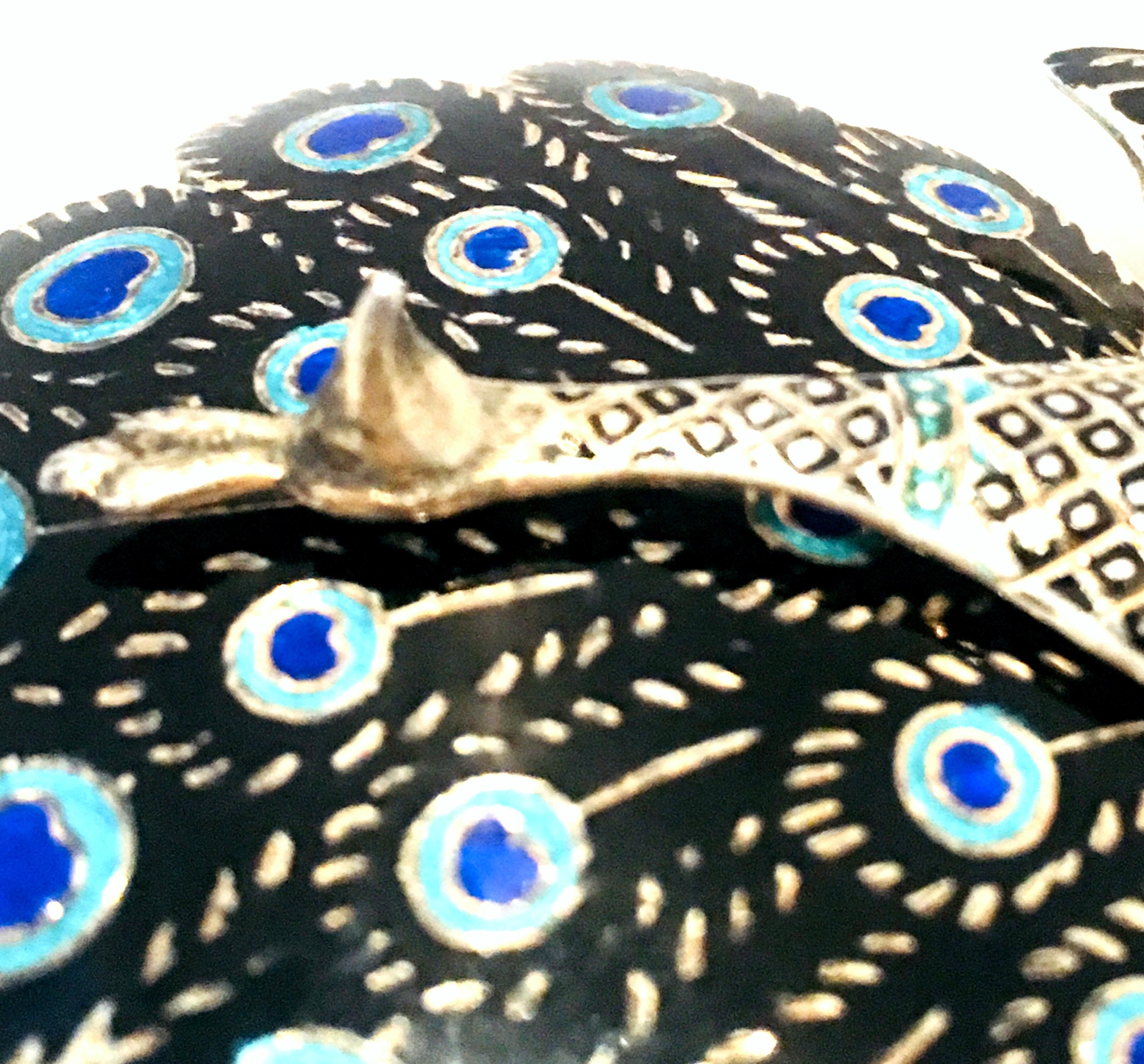 Mid-20th Century Sterling Silver & Enamel Articulating Peacock Brooch-Signed For Sale 5